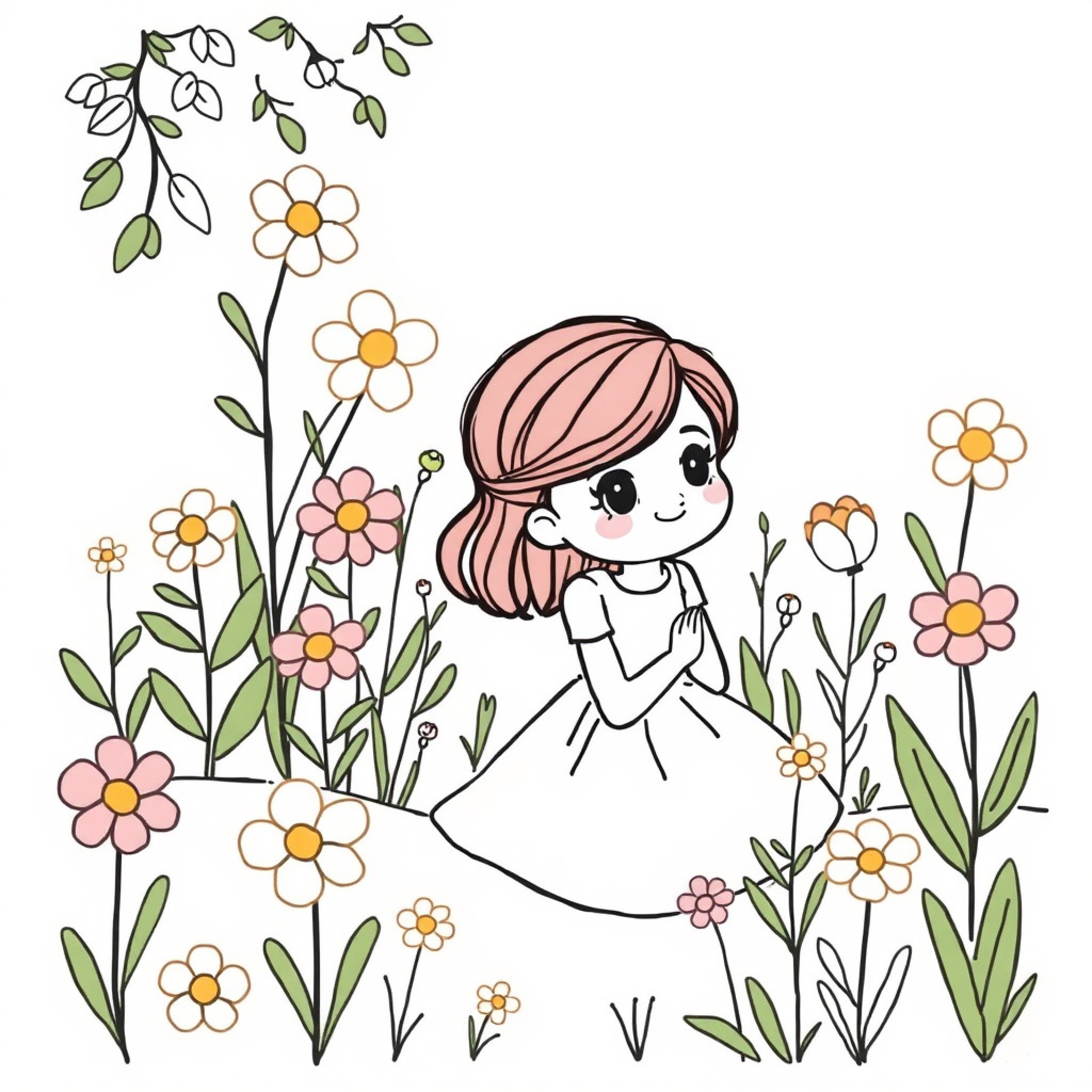 Easy Isabelle sitting peacefully amidst blooming flowers Drawing Idea (free black-and-white line drawing printable PDF for all, from beginners to advanced learners, including children, teens, adults, and seniors)