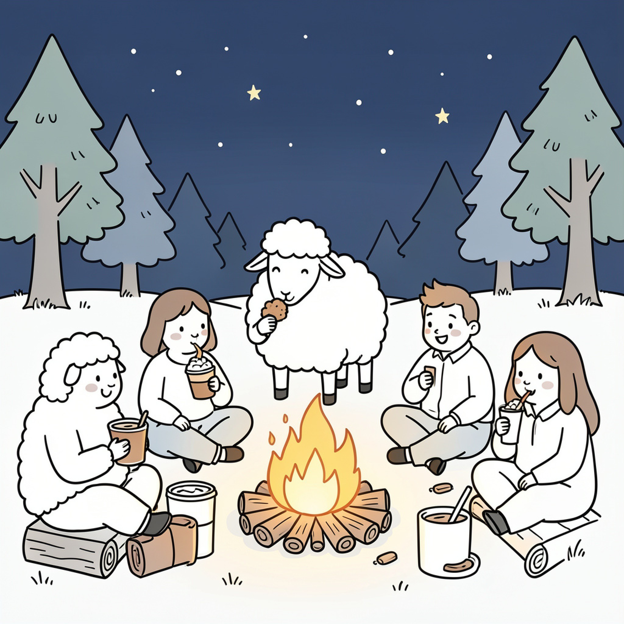 Easy Sheep and friends enjoying a campfire snack Drawing Idea (free black-and-white line drawing printable PDF for all, from beginners to advanced learners, including children, teens, adults, and seniors)
