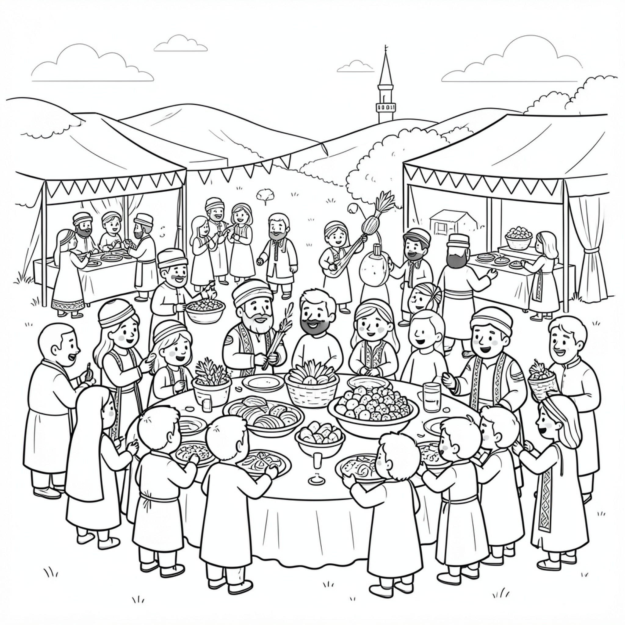 Easy Turkey Feast with People Gathering around a Table Drawing Idea (free black-and-white line drawing printable PDF for all, from beginners to advanced learners, including children, teens, adults, and seniors)