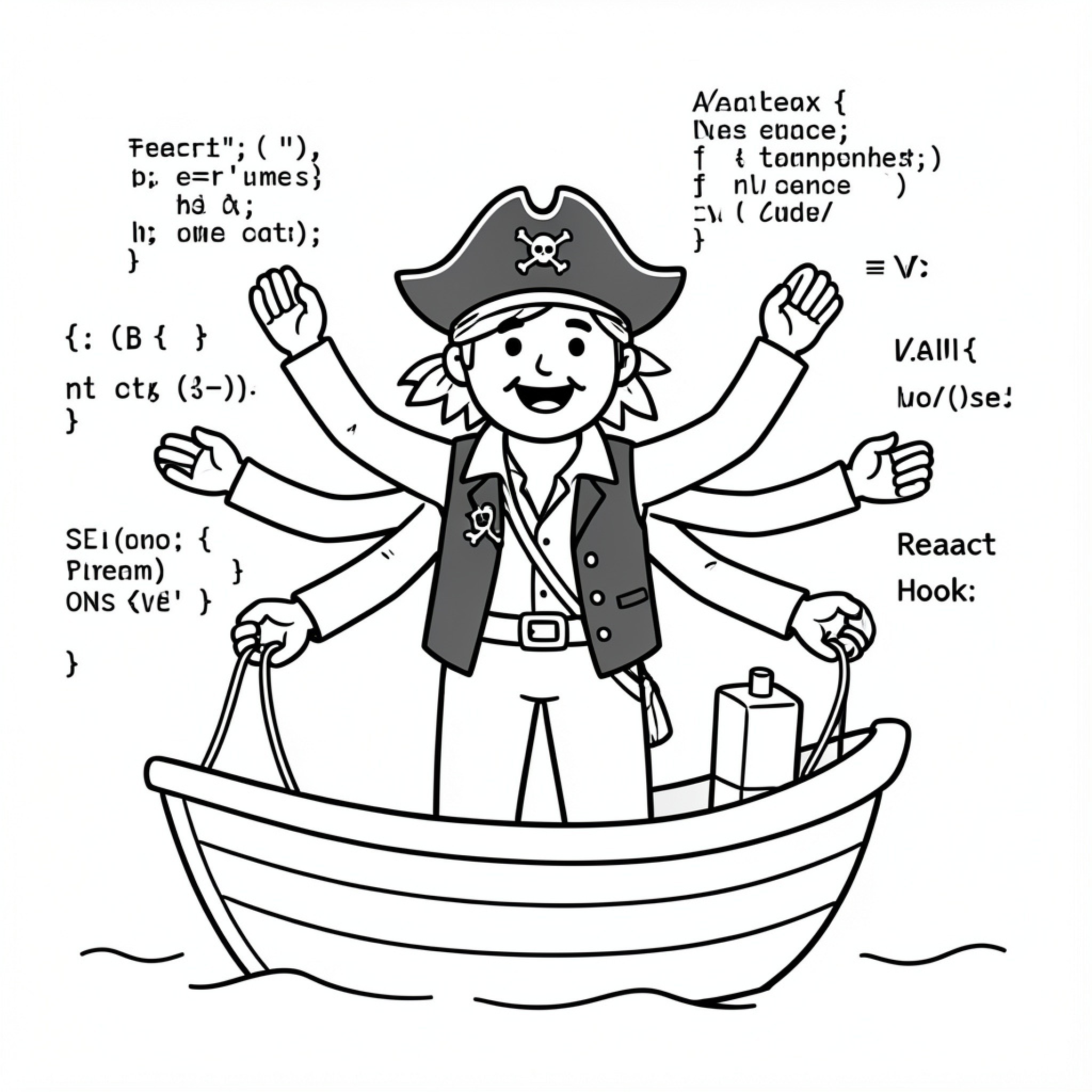 Easy Pirate with many arms in a boat Drawing Idea (free black-and-white line drawing printable PDF for all, from beginners to advanced learners, including children, teens, adults, and seniors)