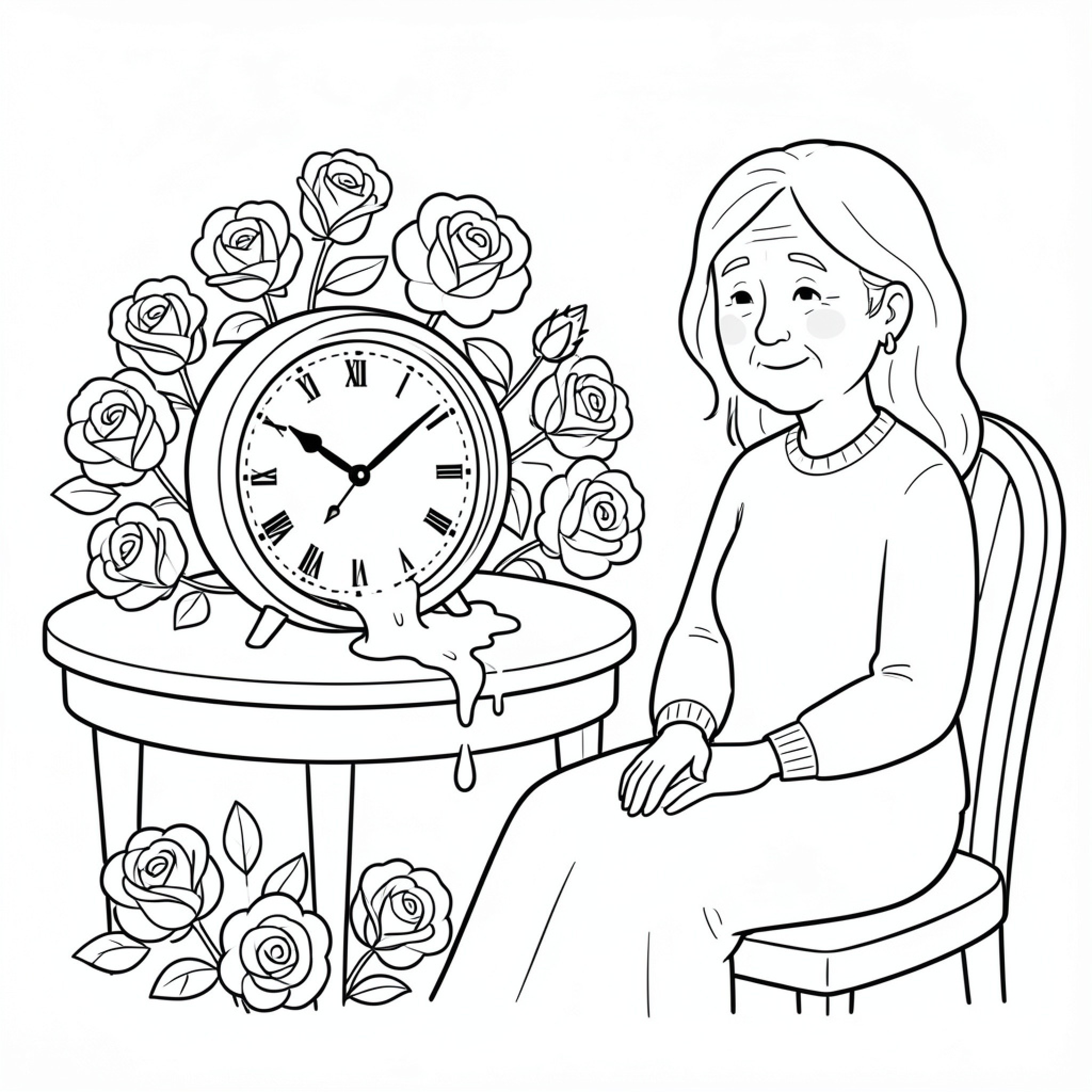 Easy Clock sitting on a table near an elderly woman Drawing Idea (free black-and-white line drawing printable PDF for all, from beginners to advanced learners, including children, teens, adults, and seniors)