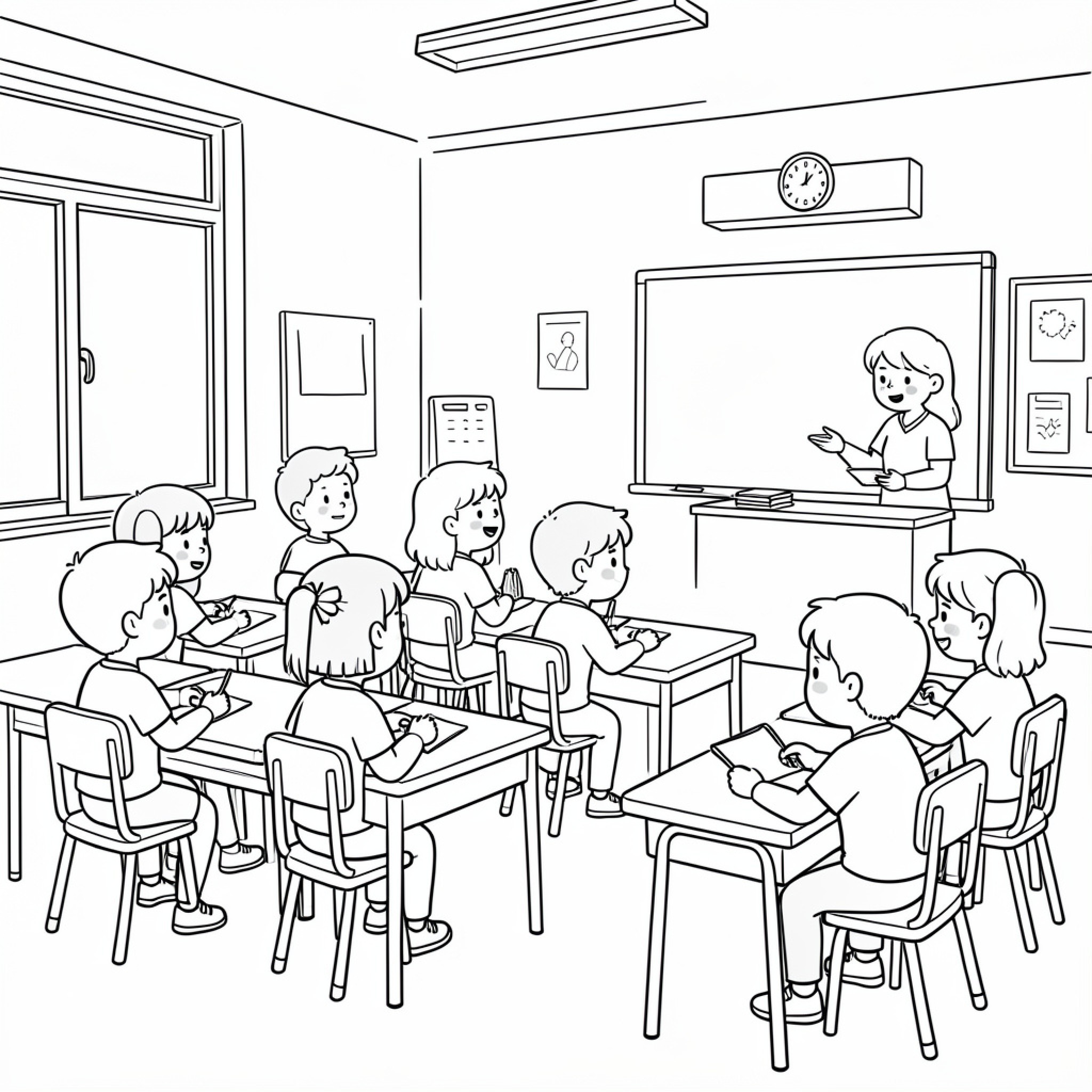 Easy Student listening to a teacher in classroom Drawing Idea (free black-and-white line drawing printable PDF for all, from beginners to advanced learners, including children, teens, adults, and seniors)
