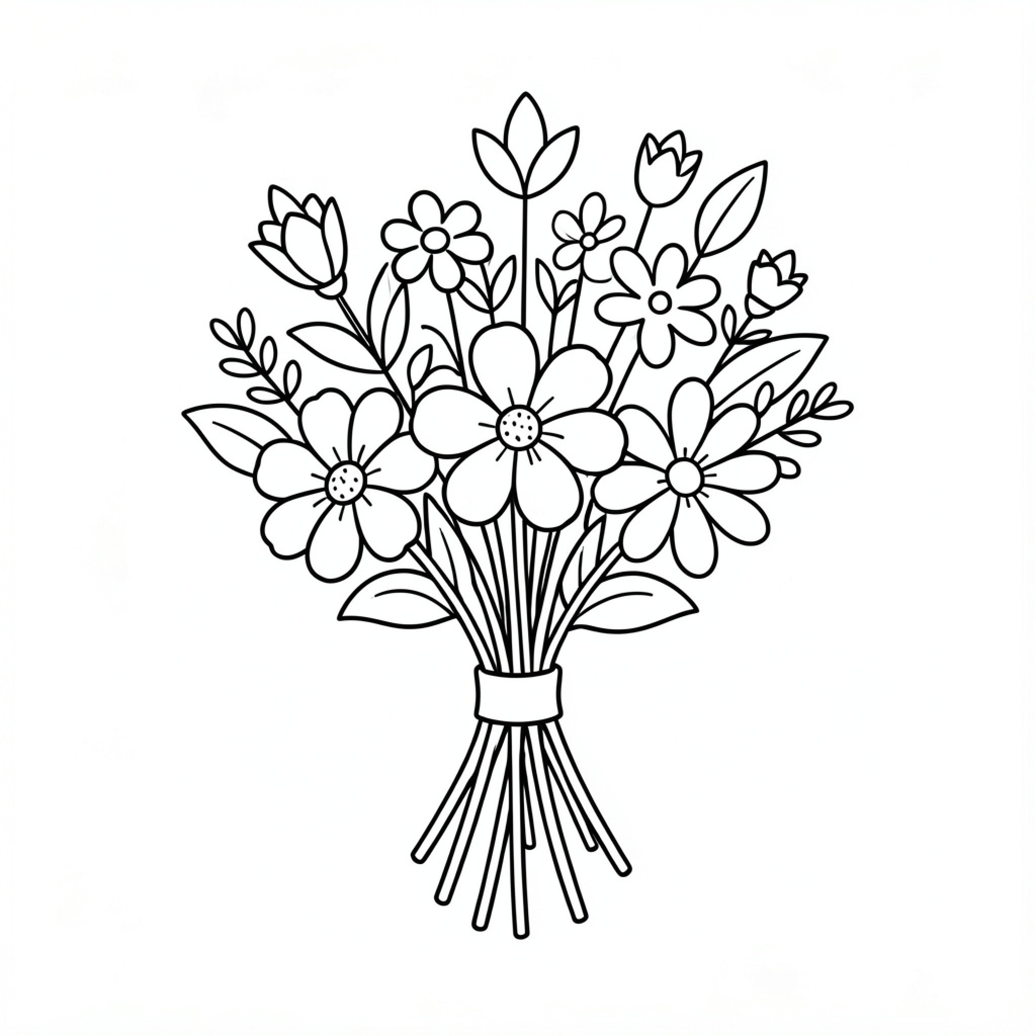 Easy Flower bouquet arranged in a simple bunch Drawing Idea (free black-and-white line drawing printable PDF for all, from beginners to advanced learners, including children, teens, adults, and seniors)