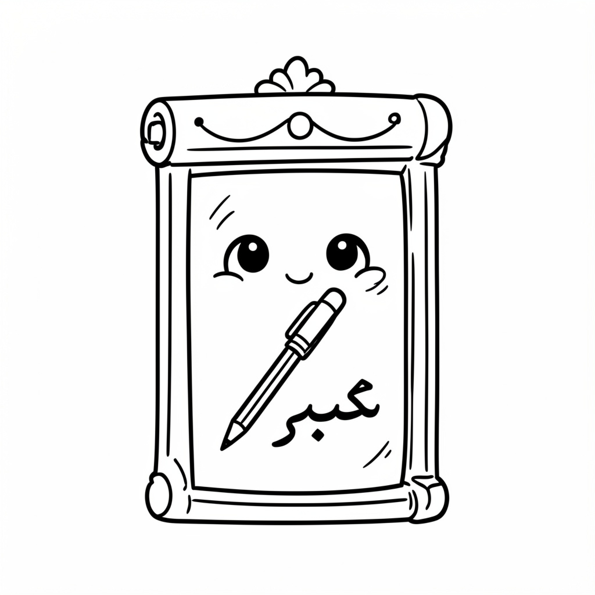 Easy Black and White smiling scroll with a pen Drawing Idea (free black-and-white line drawing printable PDF for all, from beginners to advanced learners, including children, teens, adults, and seniors)