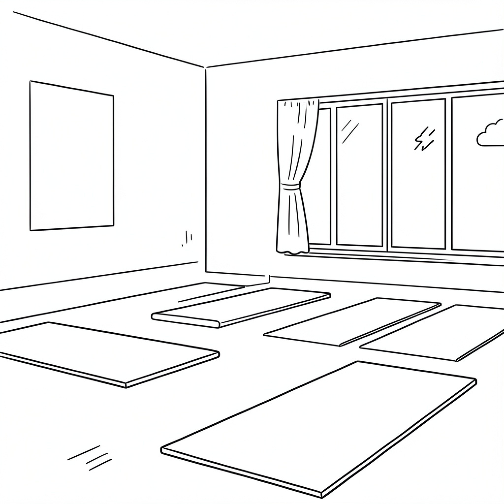 Easy Yoga mats arranged in a bright studio Drawing Idea (free black-and-white line drawing printable PDF for all, from beginners to advanced learners, including children, teens, adults, and seniors)