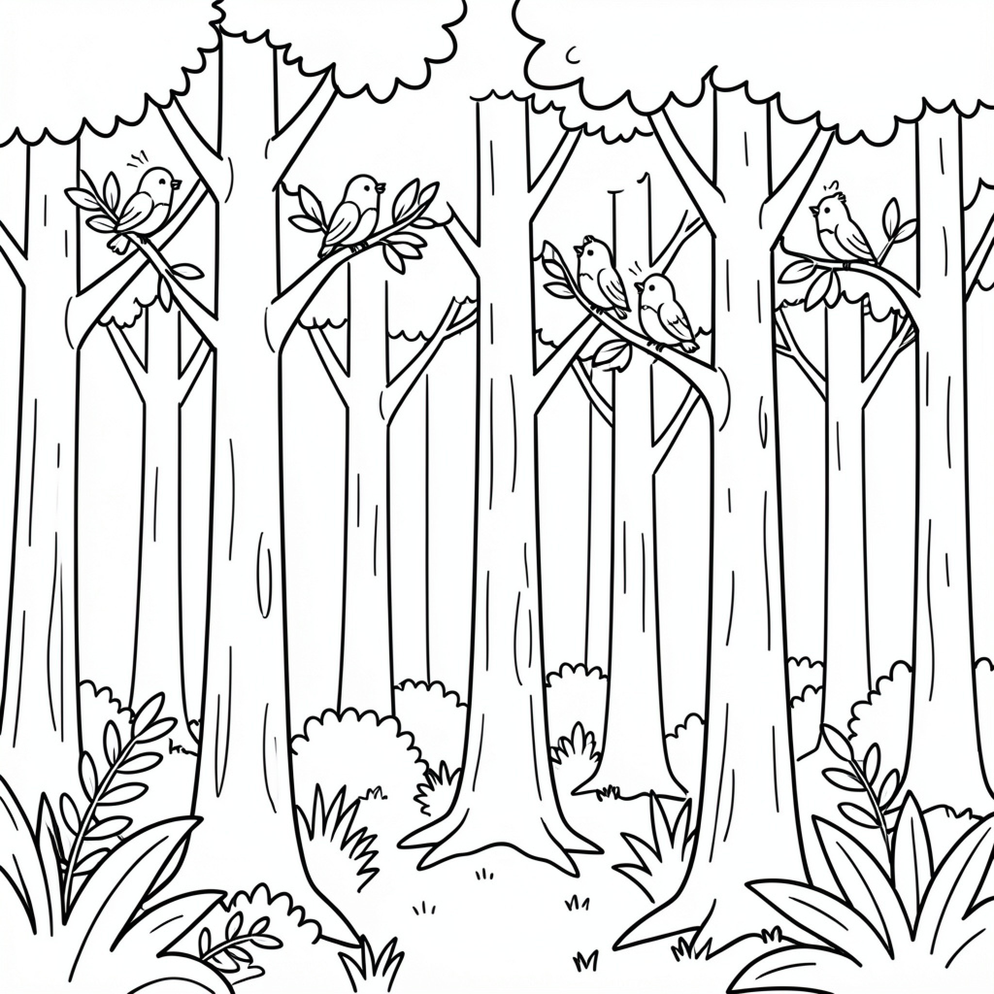 Easy Bird perched on branches within a forest Drawing Idea (free black-and-white line drawing printable PDF for all, from beginners to advanced learners, including children, teens, adults, and seniors)