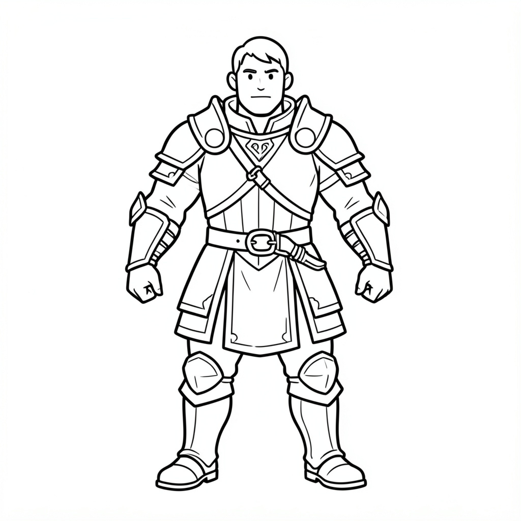 Easy Wylder brave knight standing in heavy armor Drawing Idea (free black-and-white line drawing printable PDF for all, from beginners to advanced learners, including children, teens, adults, and seniors)