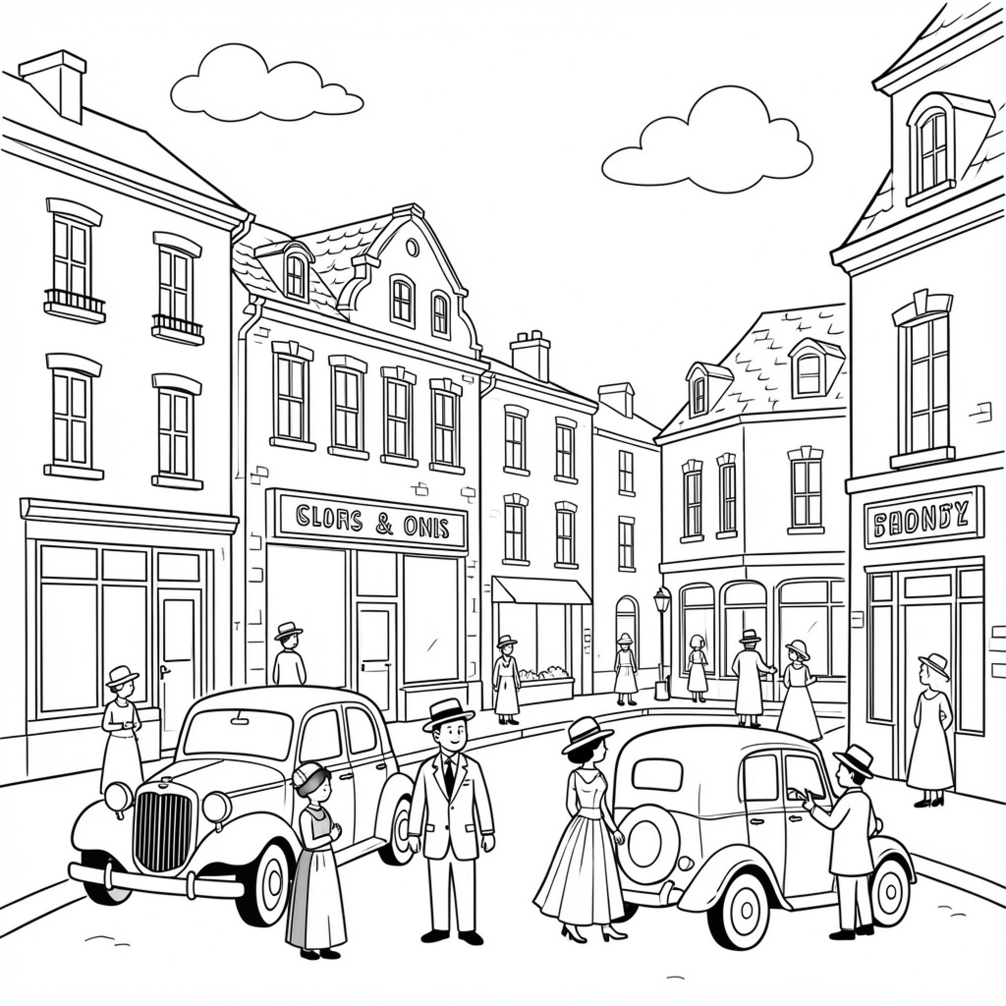 Easy Vintage people walking and standing by old cars Drawing Idea (free black-and-white line drawing printable PDF for all, from beginners to advanced learners, including children, teens, adults, and seniors)