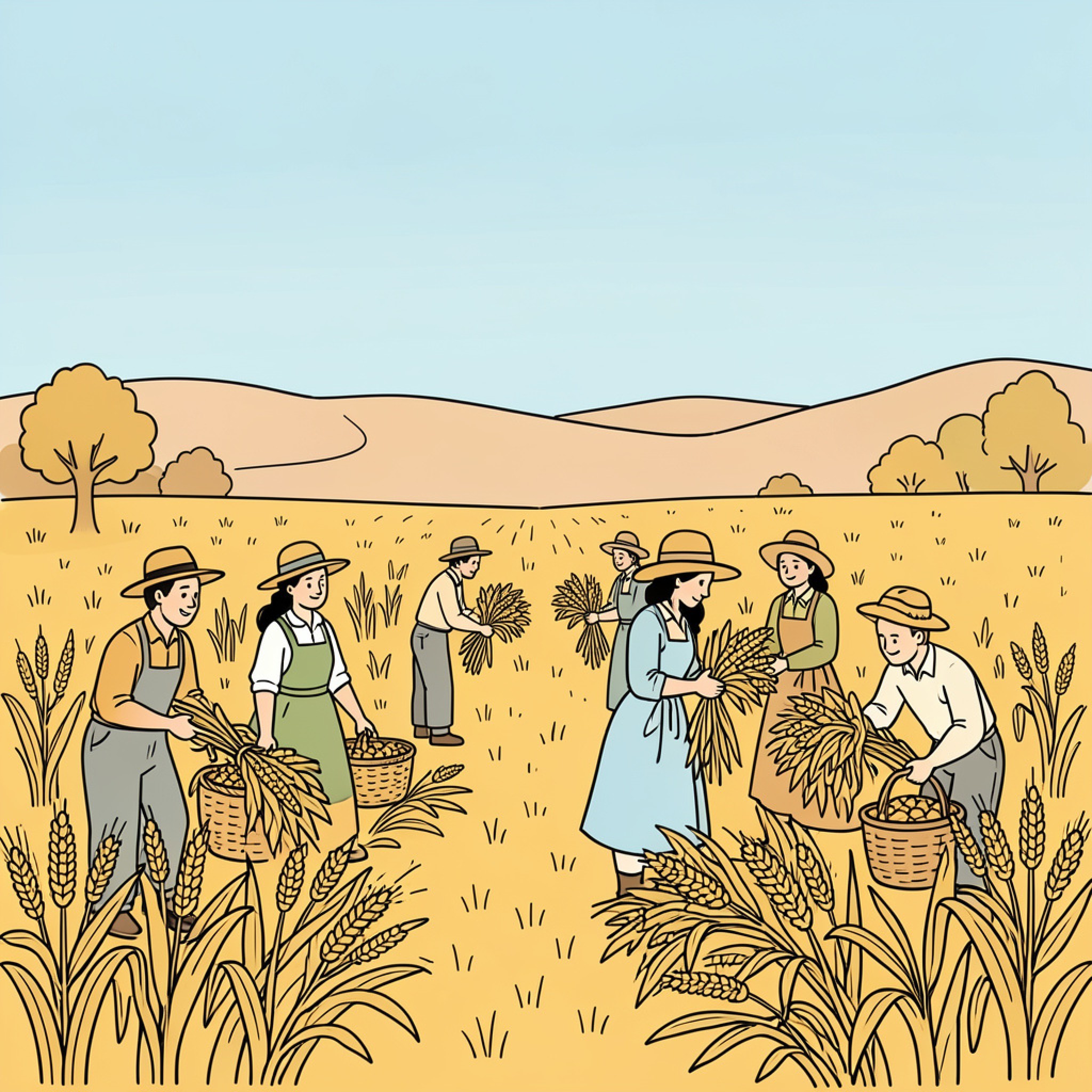 Easy Harvest of people gathering crops in a field Drawing Idea (free black-and-white line drawing printable PDF for all, from beginners to advanced learners, including children, teens, adults, and seniors)