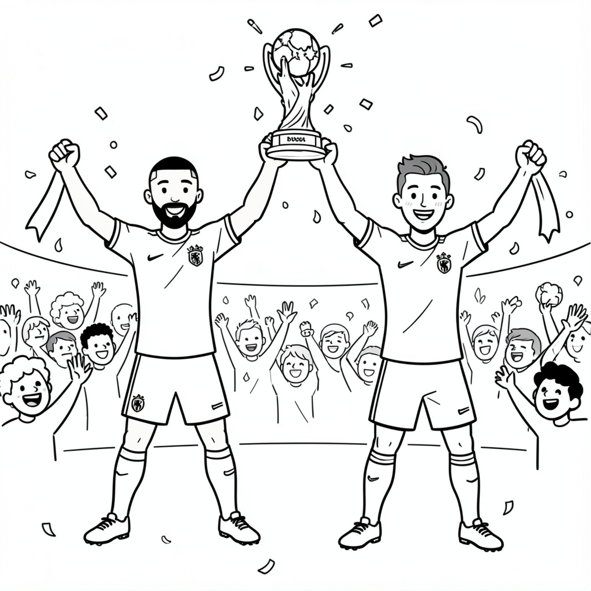 Easy Mbappe celebrating victory while holding a trophy Drawing Idea (free black-and-white line drawing printable PDF for all, from beginners to advanced learners, including children, teens, adults, and seniors)