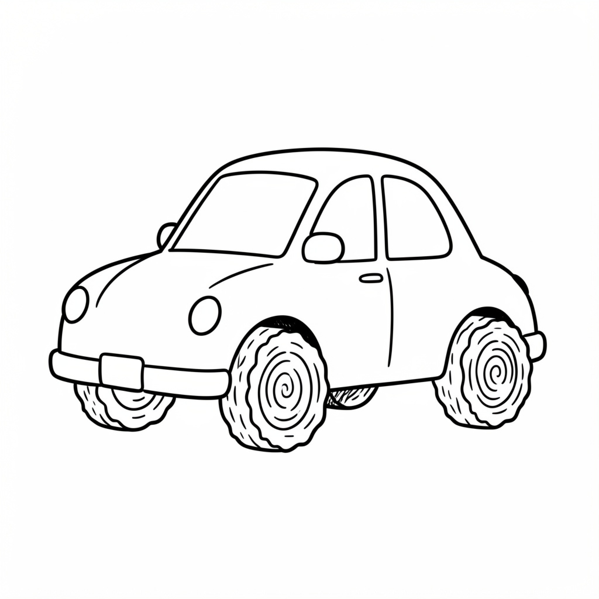 Easy Tree Wheel Car driving on a plain background Drawing Idea (free black-and-white line drawing printable PDF for all, from beginners to advanced learners, including children, teens, adults, and seniors)