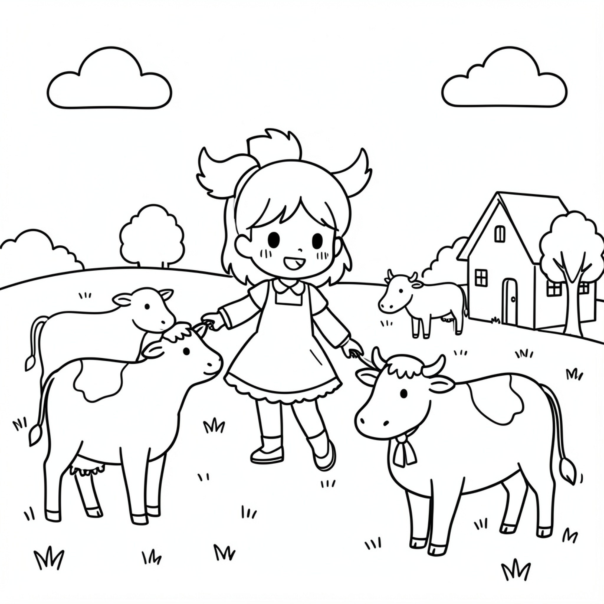 Easy Lillie standing happily with farm cows Drawing Idea (free black-and-white line drawing printable PDF for all, from beginners to advanced learners, including children, teens, adults, and seniors)