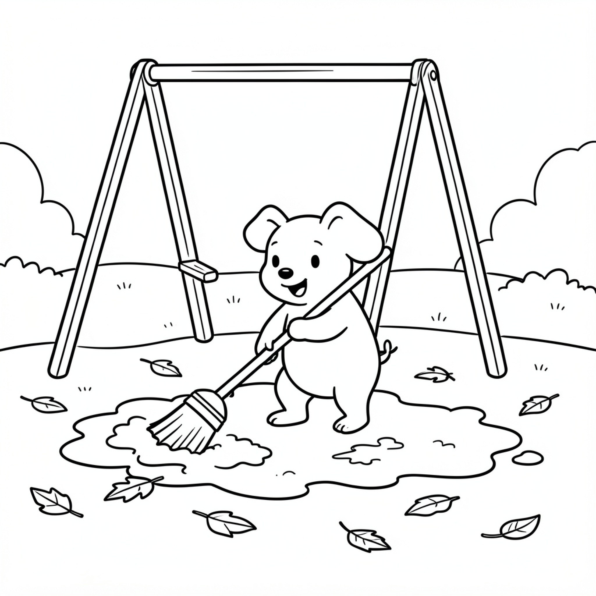 Easy Piglet sweeping leaves near a swing set Drawing Idea (free black-and-white line drawing printable PDF for all, from beginners to advanced learners, including children, teens, adults, and seniors)