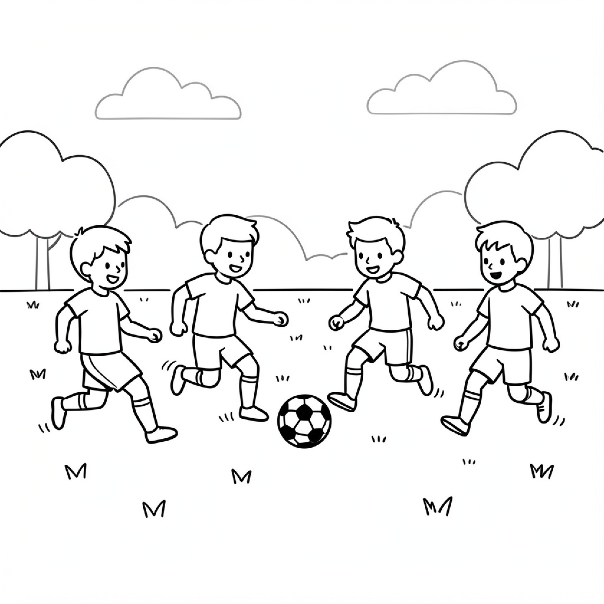 Easy American Football players running and playing with ball Drawing Idea (free black-and-white line drawing printable PDF for all, from beginners to advanced learners, including children, teens, adults, and seniors)