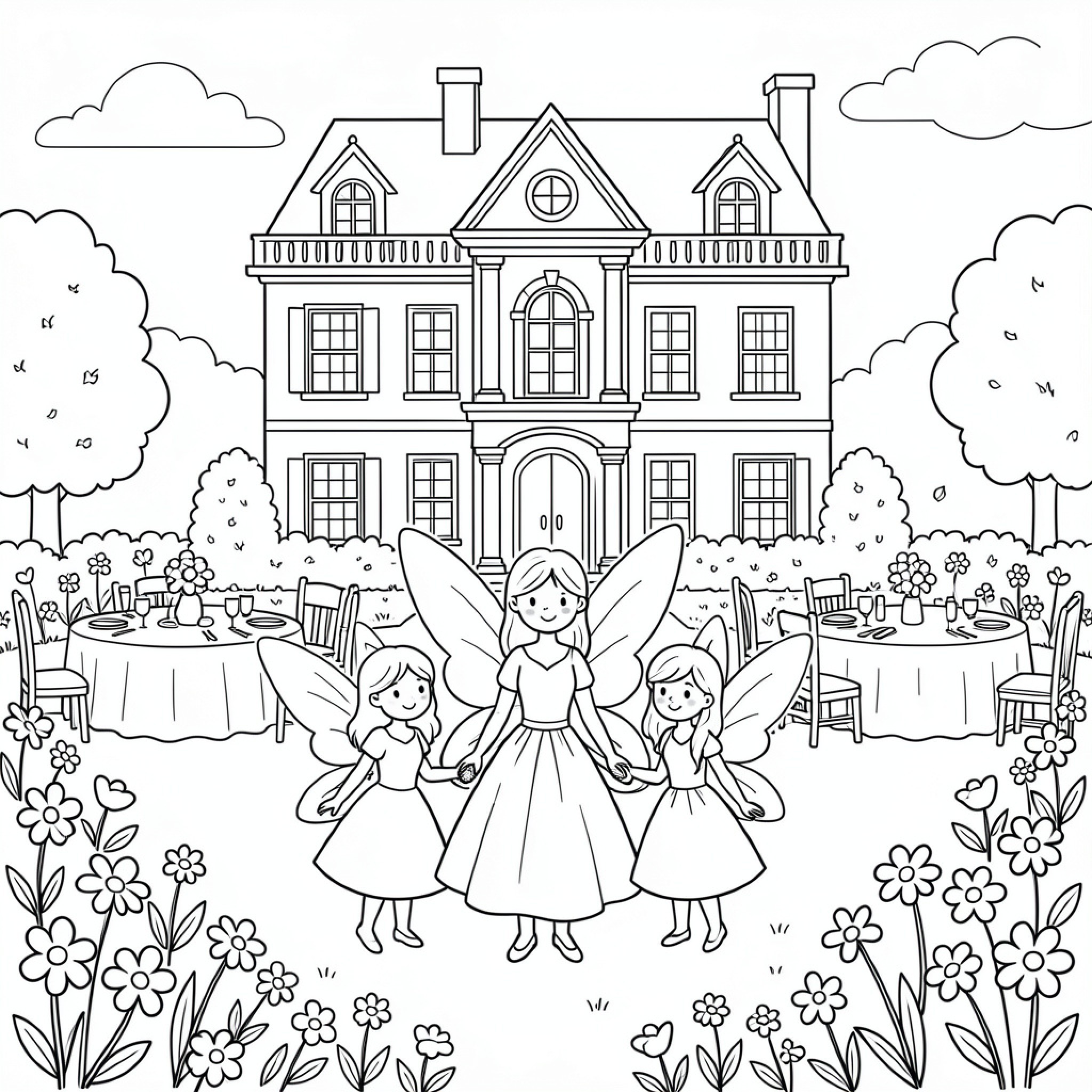 Easy Fairy dancing with friends in front of a house Drawing Idea (free black-and-white line drawing printable PDF for all, from beginners to advanced learners, including children, teens, adults, and seniors)
