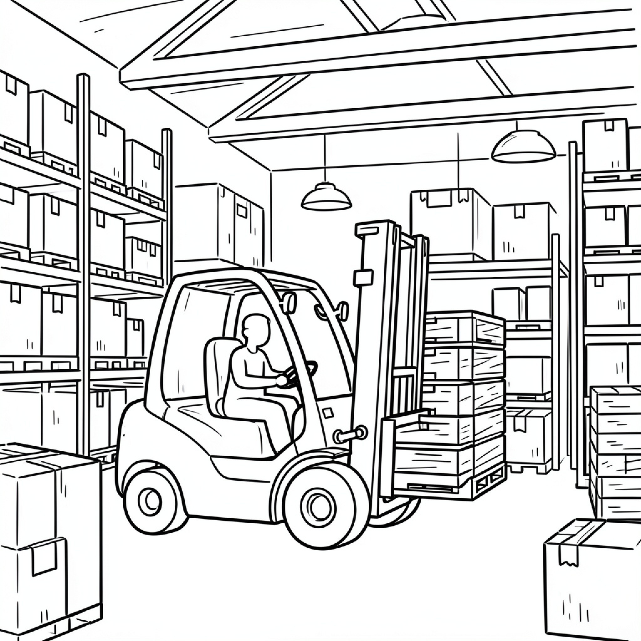 Easy Forklift operator moving heavy boxes in warehouse Drawing Idea (free black-and-white line drawing printable PDF for all, from beginners to advanced learners, including children, teens, adults, and seniors)