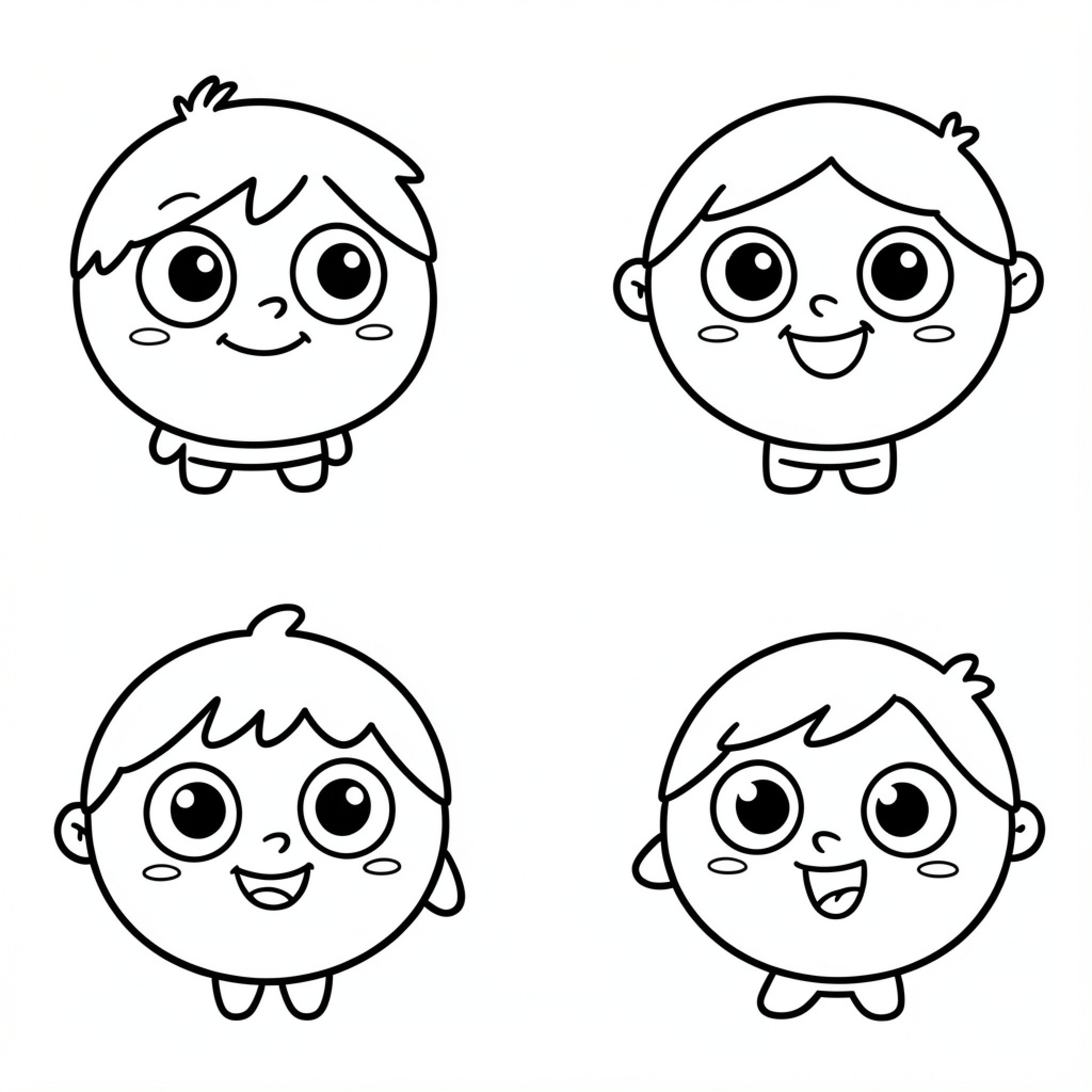 Easy Cartoon Character showing various happy facial expressions Drawing Idea (free black-and-white line drawing printable PDF for all, from beginners to advanced learners, including children, teens, adults, and seniors)