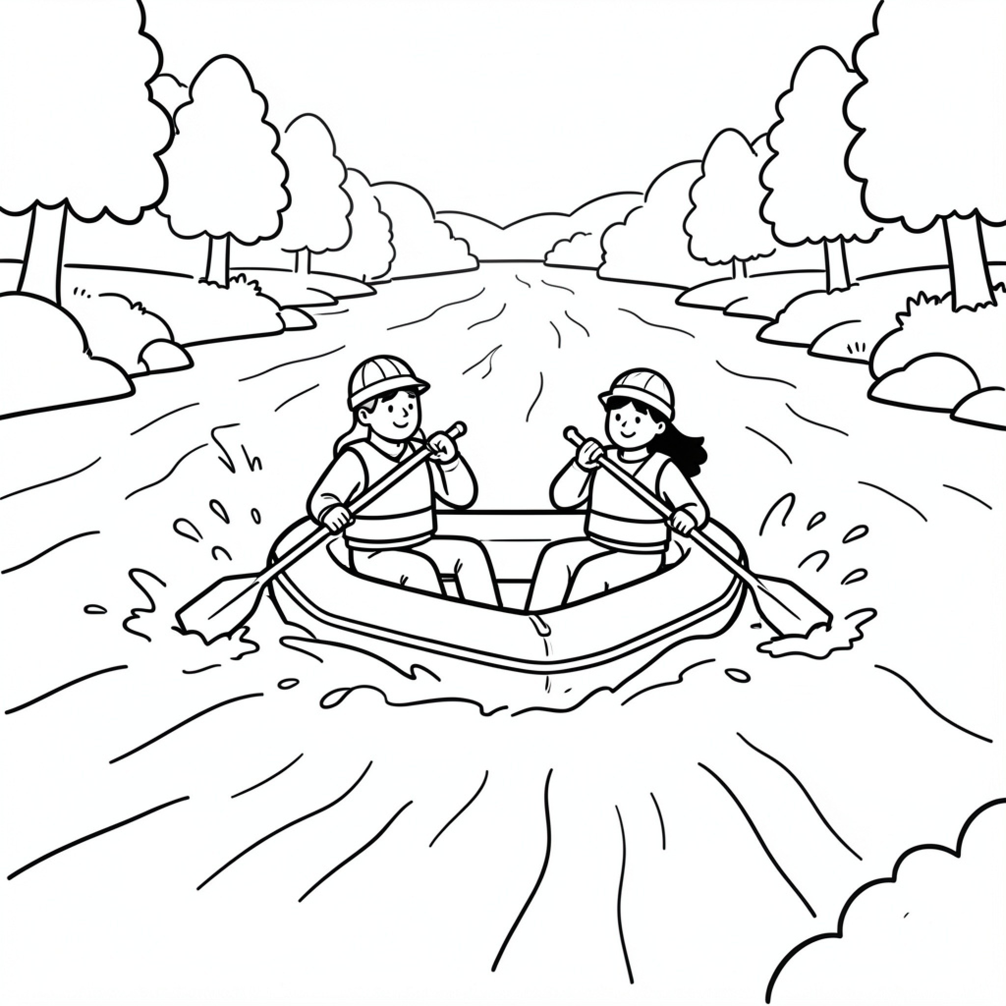 Easy Adult Two People Rowing a Small Boat Drawing Idea (free black-and-white line drawing printable PDF for all, from beginners to advanced learners, including children, teens, adults, and seniors)