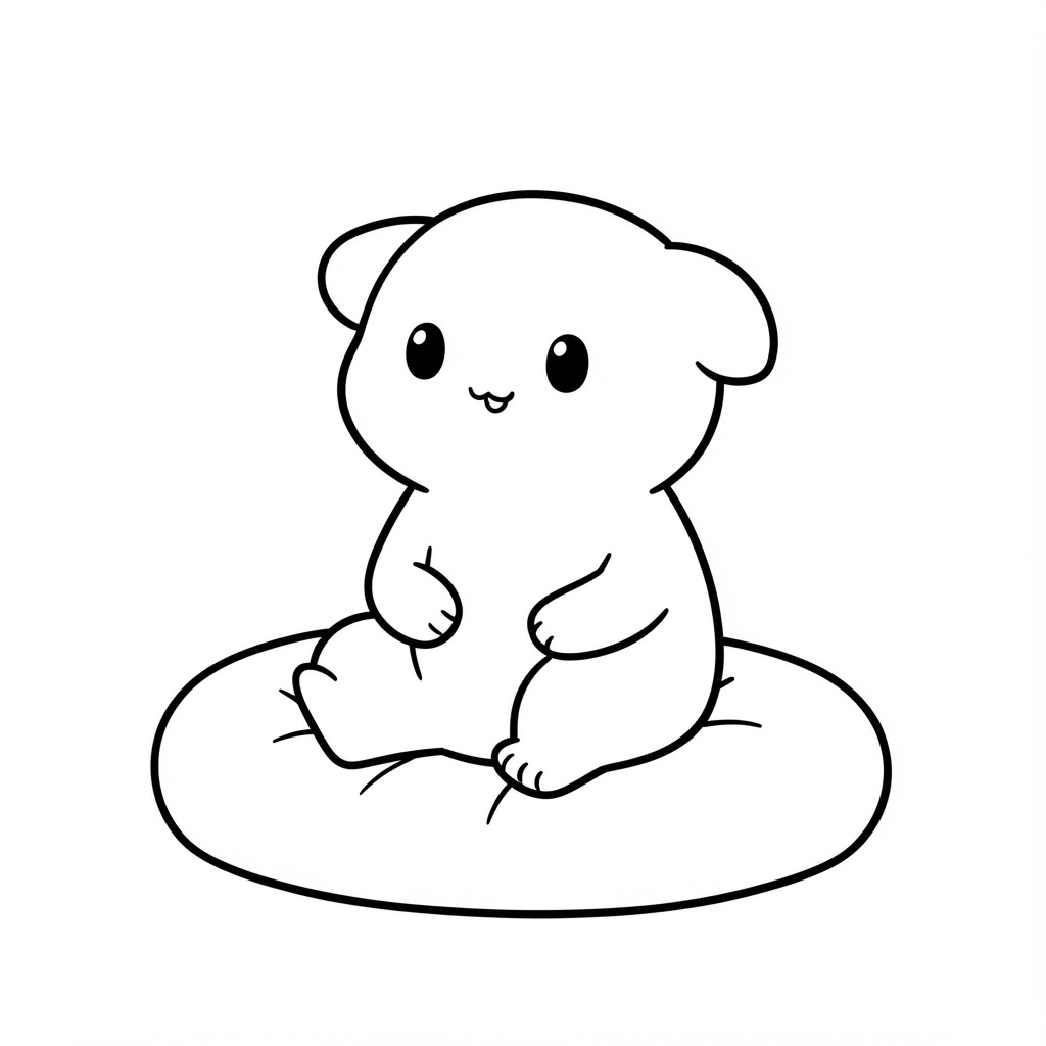 Easy Cat sitting happily on a soft cushion Drawing Idea (free black-and-white line drawing printable PDF for all, from beginners to advanced learners, including children, teens, adults, and seniors)