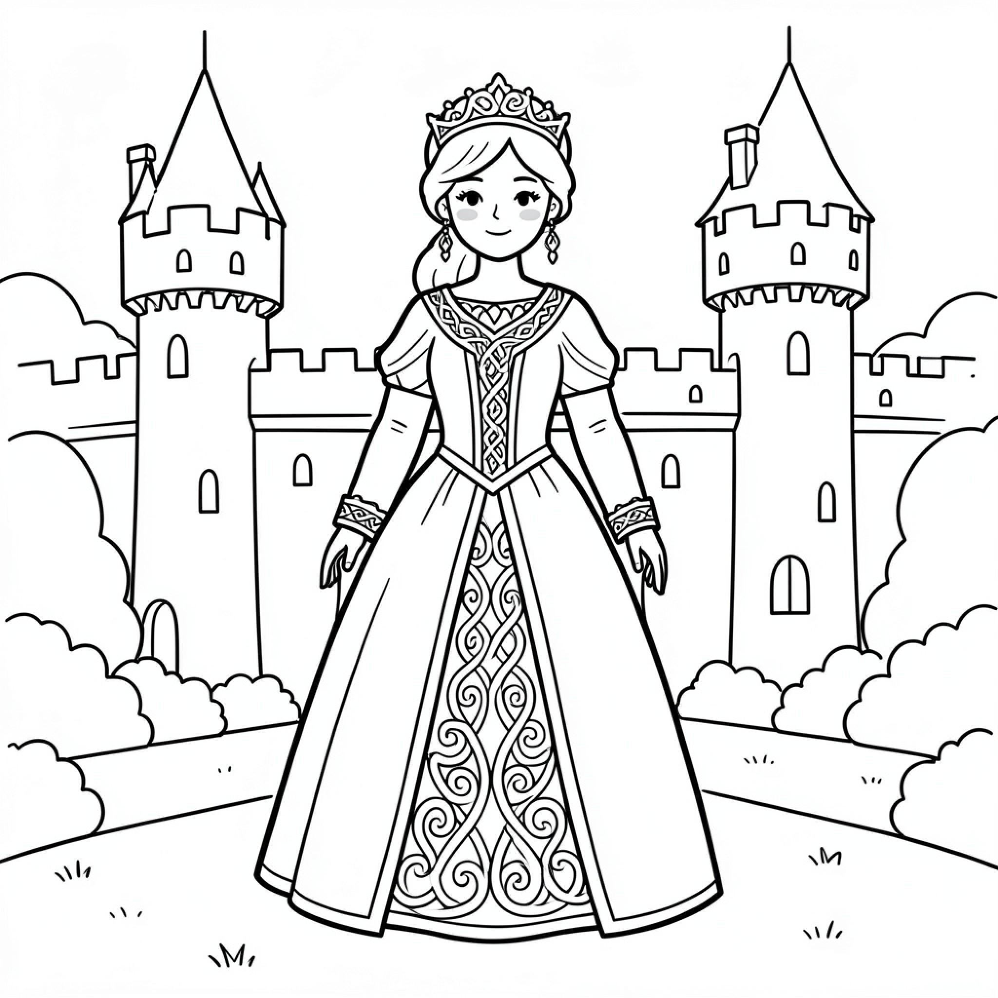 Easy Duchess standing gracefully in front of a castle Drawing Idea (free black-and-white line drawing printable PDF for all, from beginners to advanced learners, including children, teens, adults, and seniors)