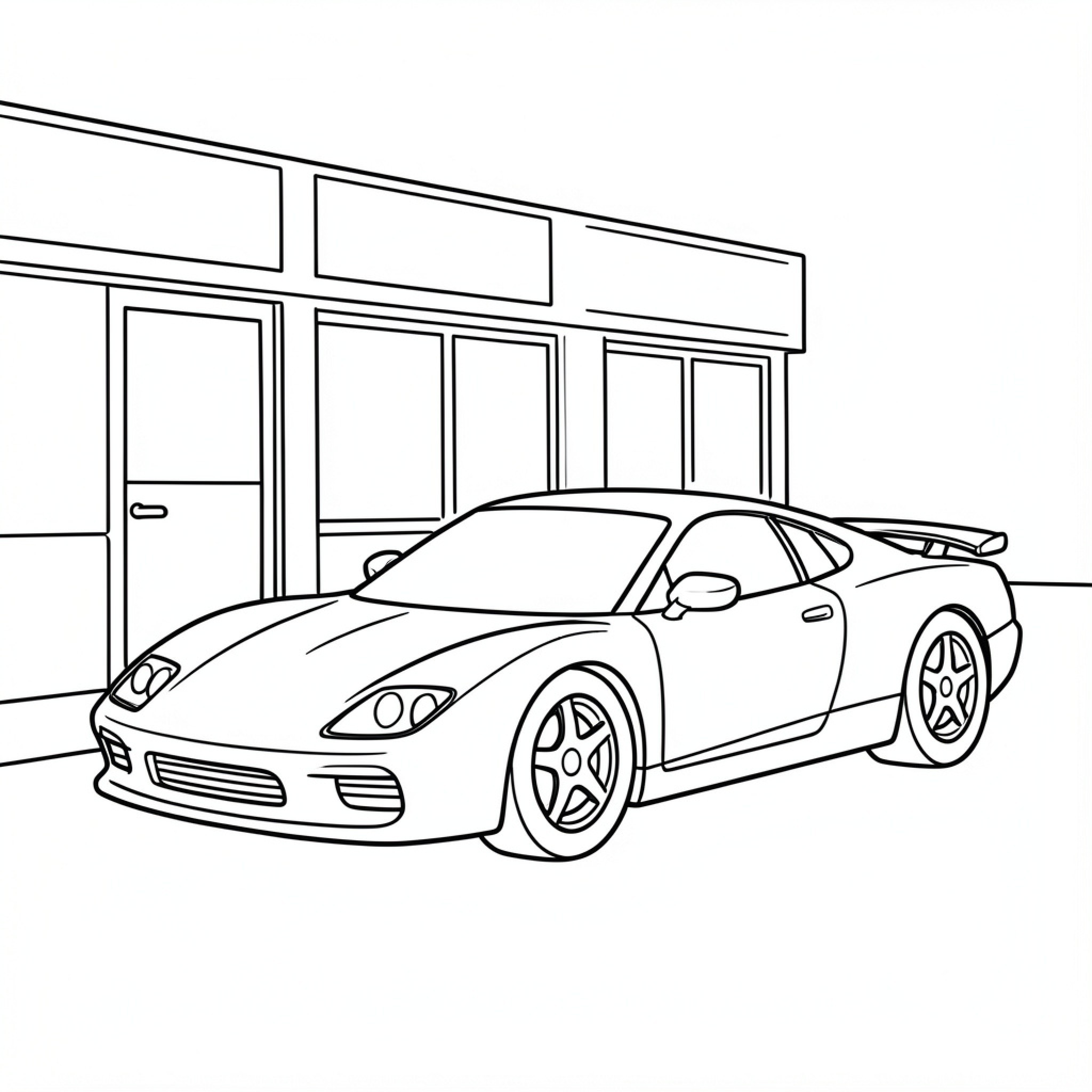 Easy Knightrider Car parked in front of a building Drawing Idea (free black-and-white line drawing printable PDF for all, from beginners to advanced learners, including children, teens, adults, and seniors)