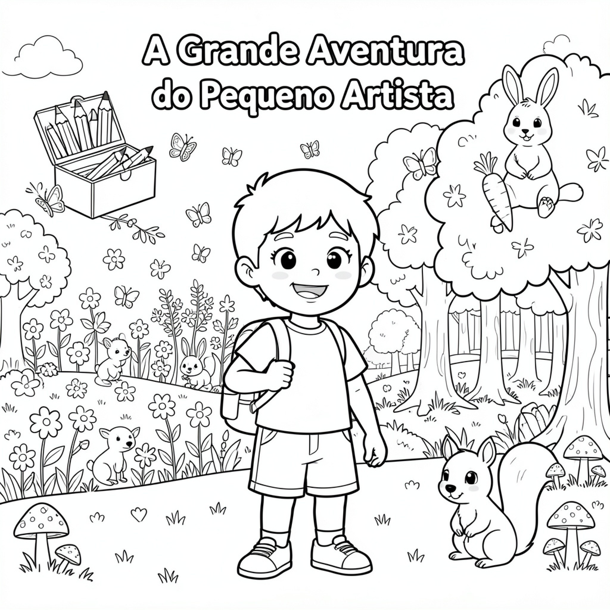 Easy Pequeno Artista boy exploring a nature scene Drawing Idea (free black-and-white line drawing printable PDF for all, from beginners to advanced learners, including children, teens, adults, and seniors)