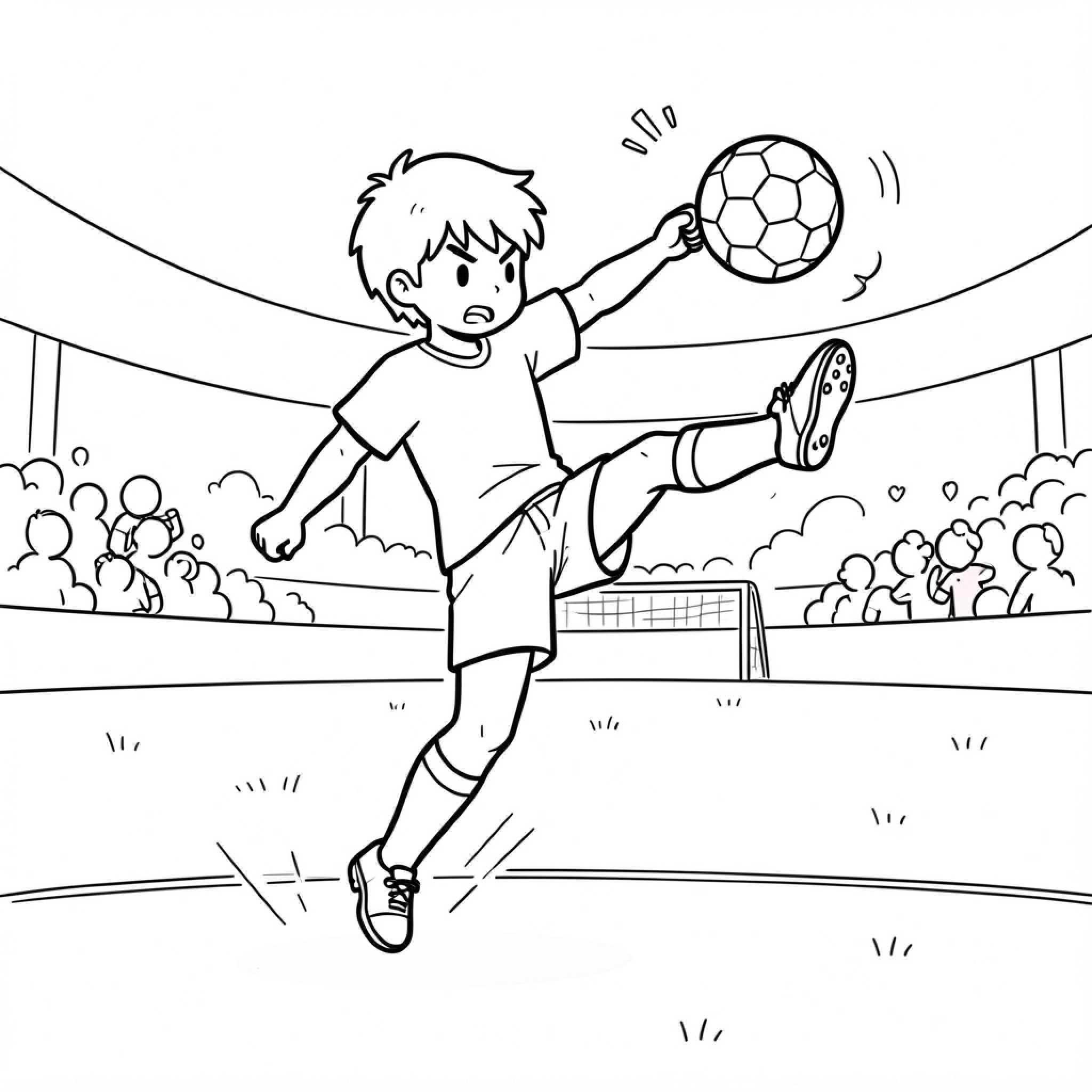 Easy Tsubasa playing soccer in a crowded stadium Drawing Idea (free black-and-white line drawing printable PDF for all, from beginners to advanced learners, including children, teens, adults, and seniors)