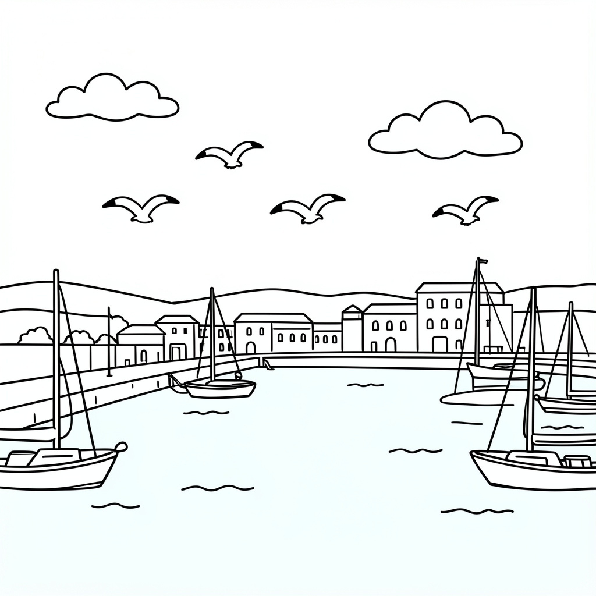 Easy Seagull flying over boats in a harbor Drawing Idea (free black-and-white line drawing printable PDF for all, from beginners to advanced learners, including children, teens, adults, and seniors)