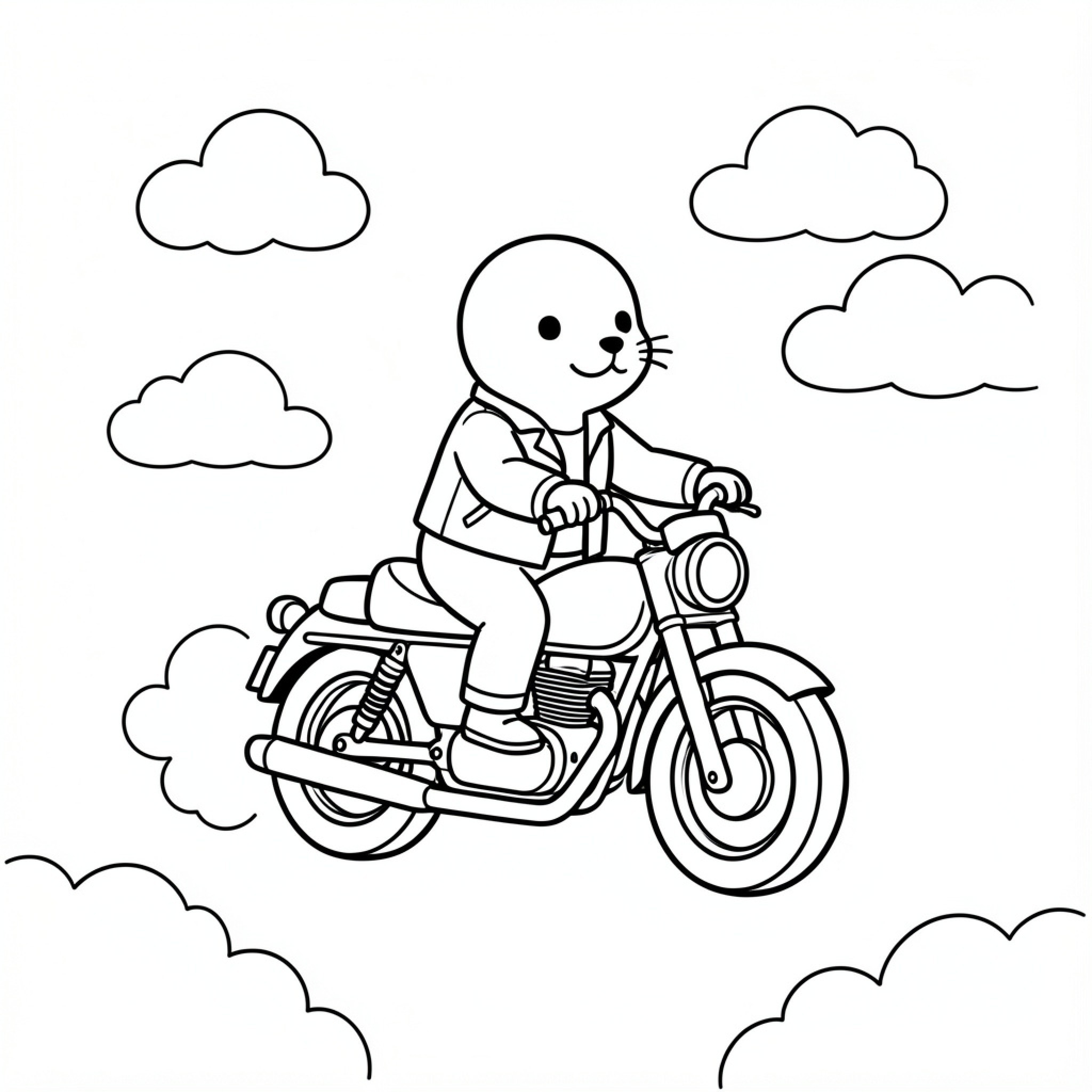 Easy Bébé Phoque riding a motorcycle through the clouds Drawing Idea (free black-and-white line drawing printable PDF for all, from beginners to advanced learners, including children, teens, adults, and seniors)