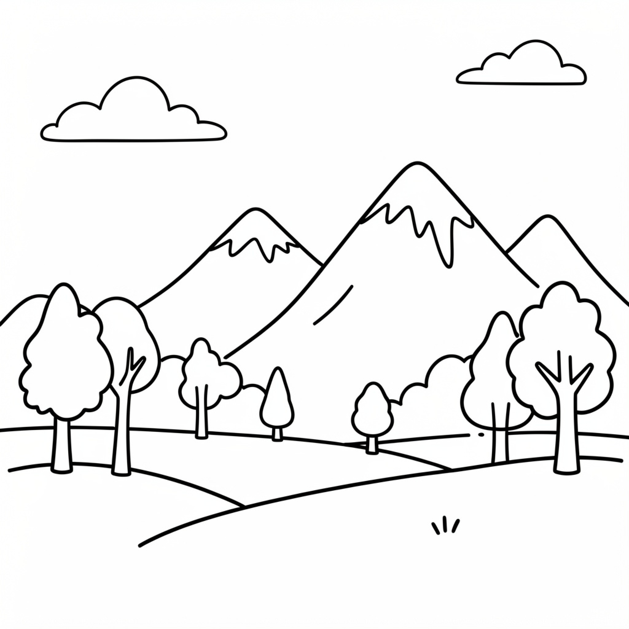 Easy Image of mountains and trees in a landscape Drawing Idea (free black-and-white line drawing printable PDF for all, from beginners to advanced learners, including children, teens, adults, and seniors)