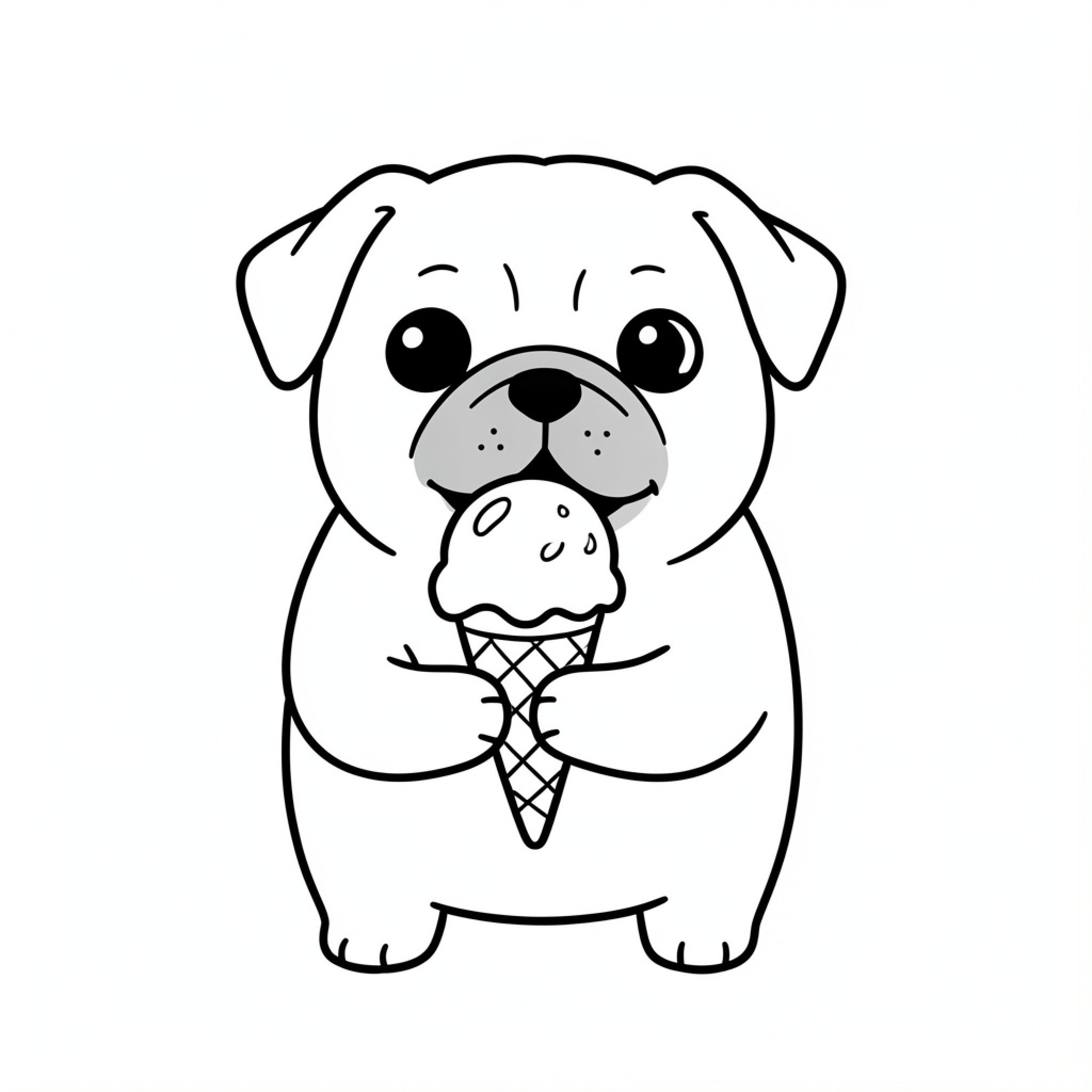Easy Pug enjoying a delicious ice cream cone Drawing Idea (free black-and-white line drawing printable PDF for all, from beginners to advanced learners, including children, teens, adults, and seniors)