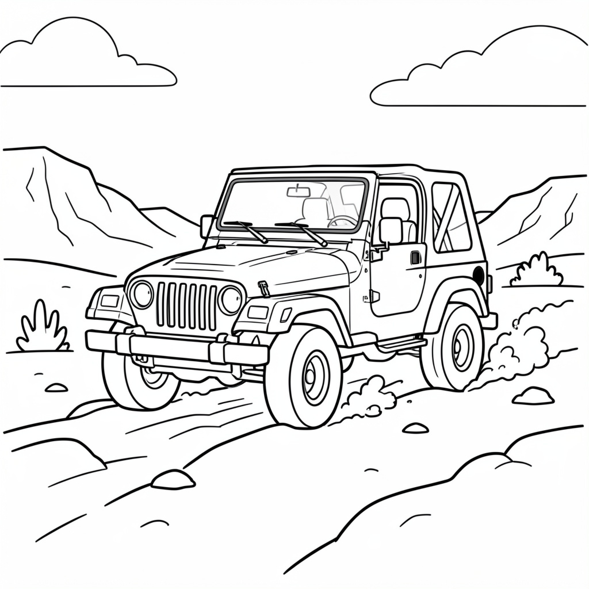 Easy Jeep driving through a desert landscape Drawing Idea (free black-and-white line drawing printable PDF for all, from beginners to advanced learners, including children, teens, adults, and seniors)