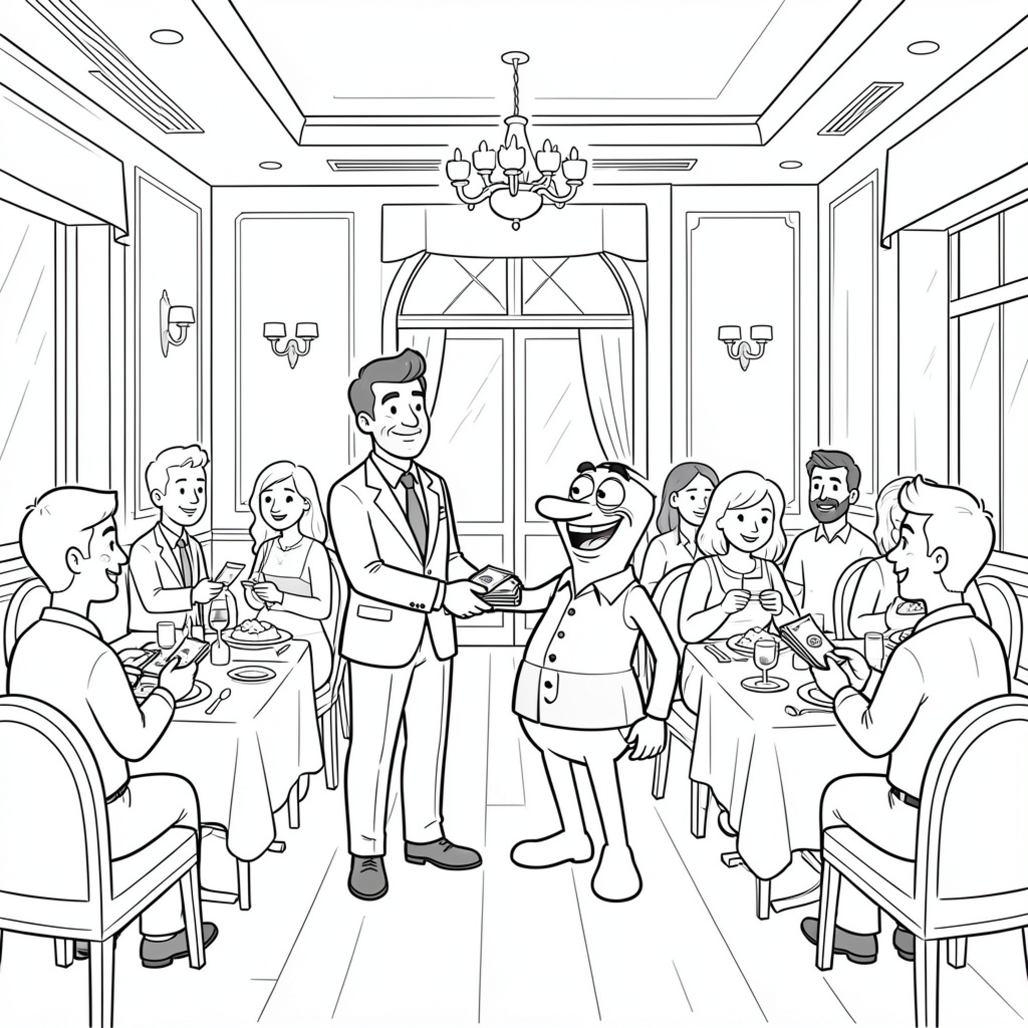 Easy Mr. Krabs interacting with restaurant customers Drawing Idea (free black-and-white line drawing printable PDF for all, from beginners to advanced learners, including children, teens, adults, and seniors)
