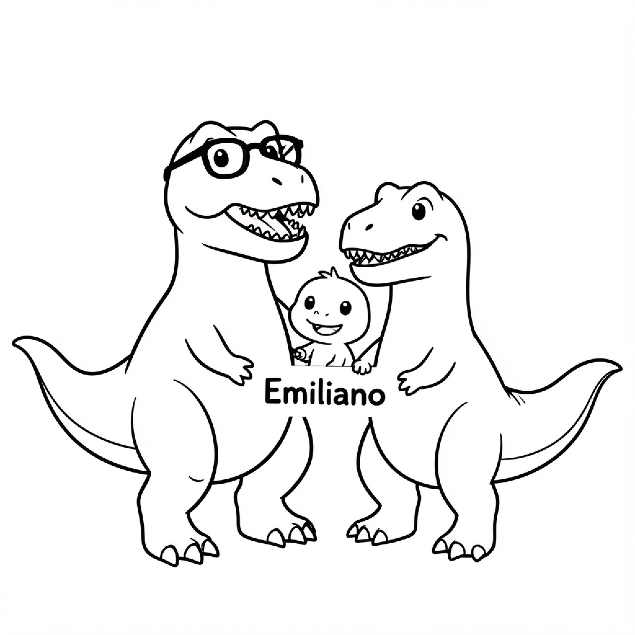 Easy Dinosaur family smiling together happily Drawing Idea (free black-and-white line drawing printable PDF for all, from beginners to advanced learners, including children, teens, adults, and seniors)
