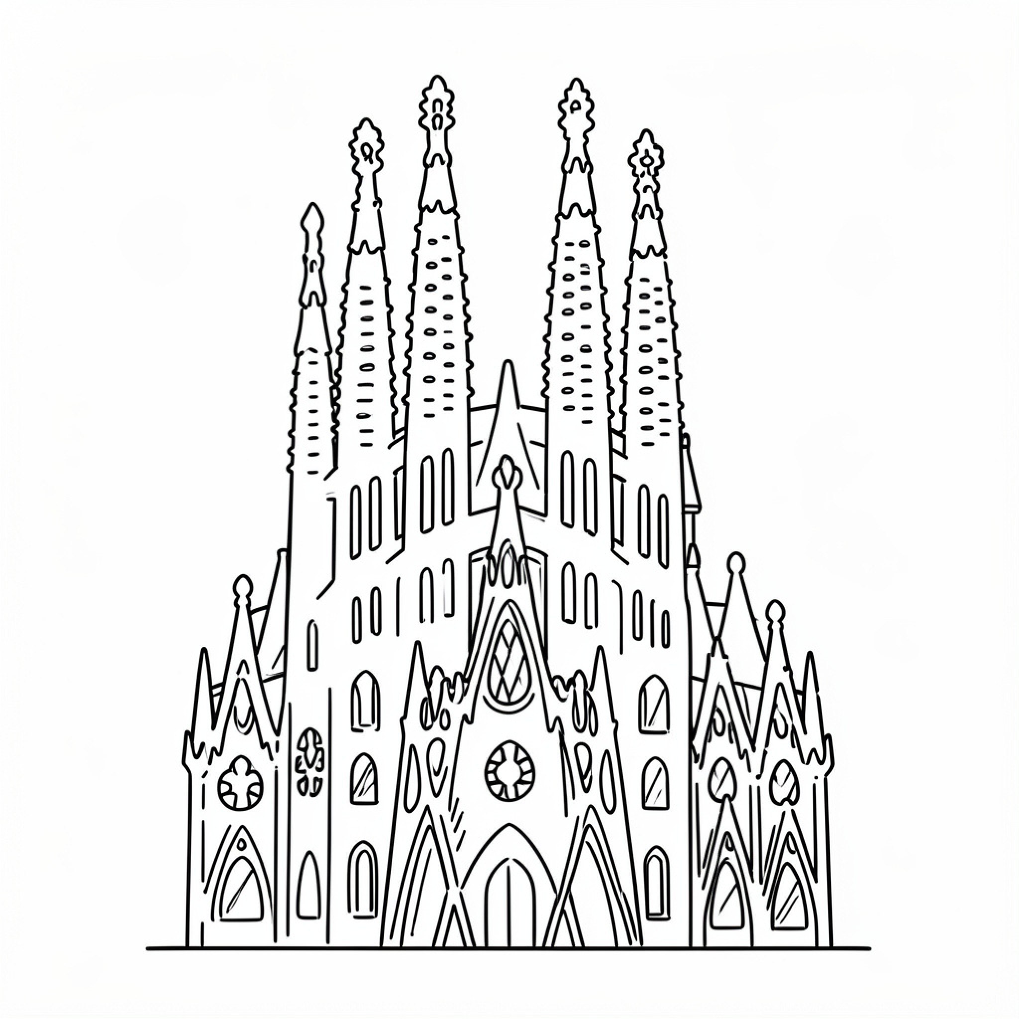Easy Sagrada Familia standing tall in architectural detail Drawing Idea (free black-and-white line drawing printable PDF for all, from beginners to advanced learners, including children, teens, adults, and seniors)
