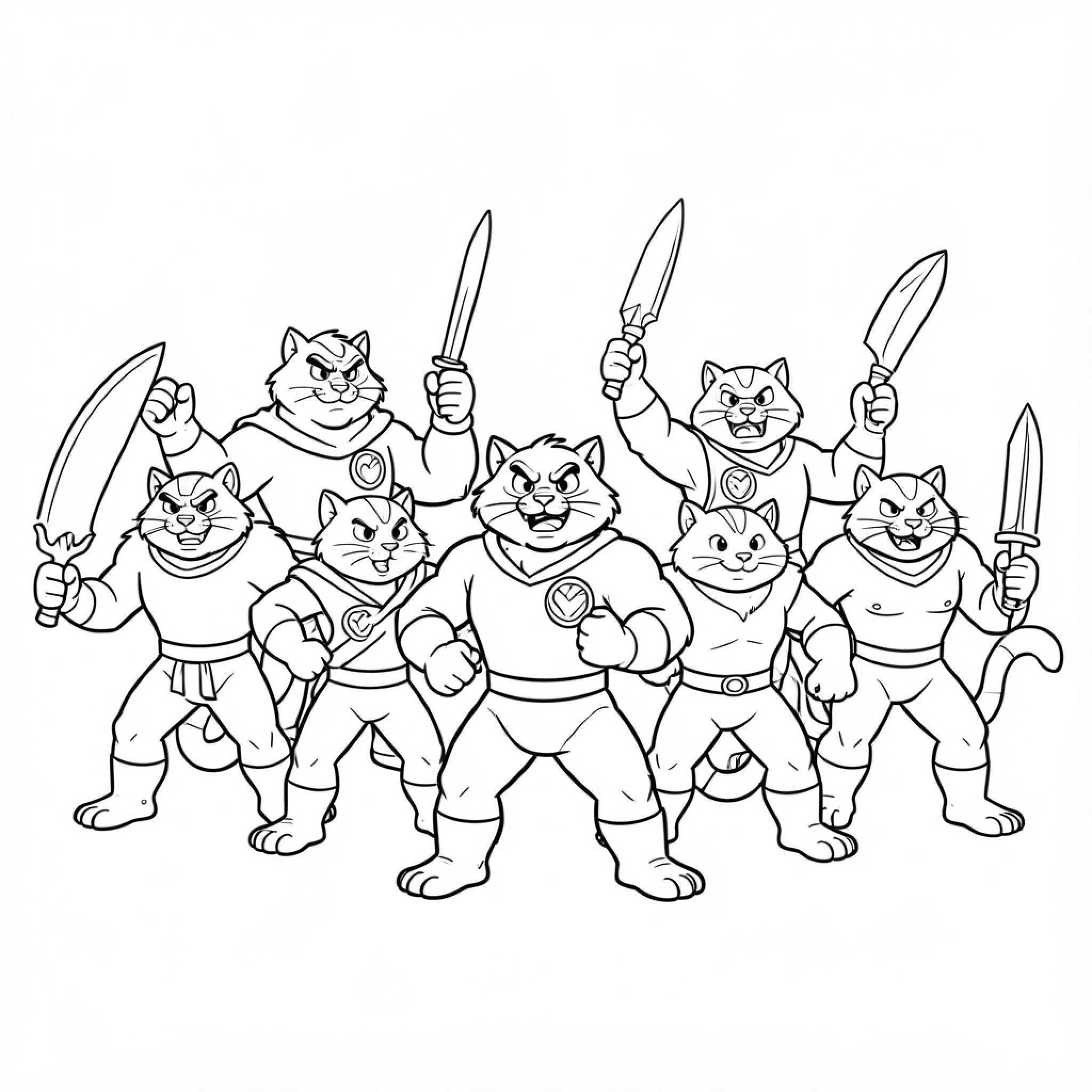 Easy Thundercats posing heroically with swords and weapons Drawing Idea (free black-and-white line drawing printable PDF for all, from beginners to advanced learners, including children, teens, adults, and seniors)