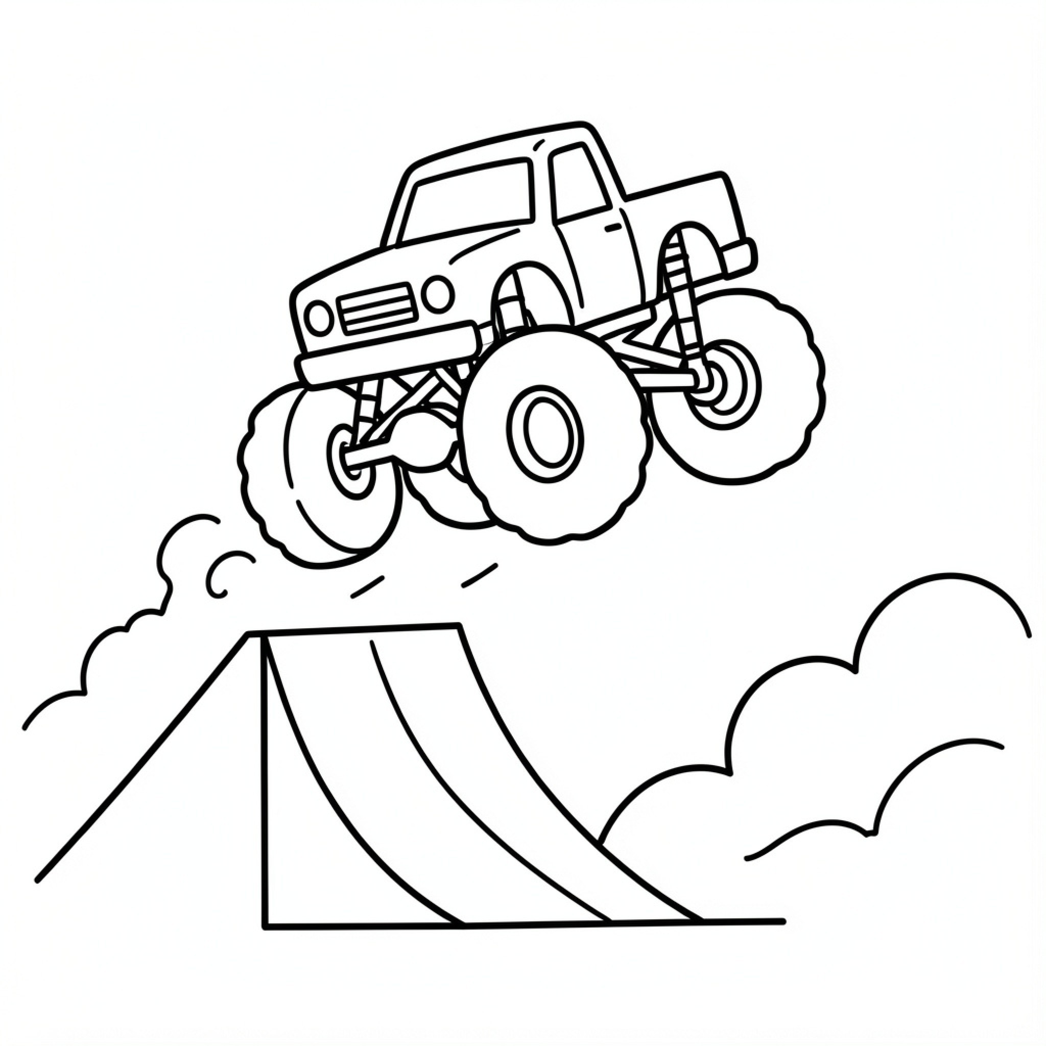 Easy Monster Truck jumping over a steep ramp Drawing Idea (free black-and-white line drawing printable PDF for all, from beginners to advanced learners, including children, teens, adults, and seniors)