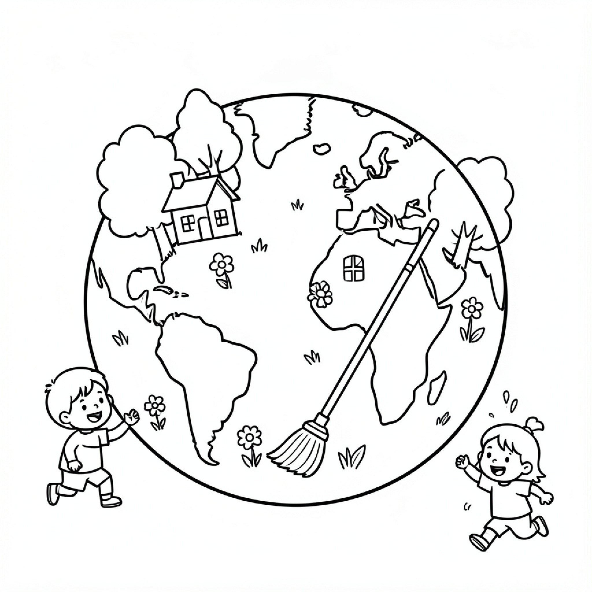 Easy Earth children cleaning the planet happily Drawing Idea (free black-and-white line drawing printable PDF for all, from beginners to advanced learners, including children, teens, adults, and seniors)
