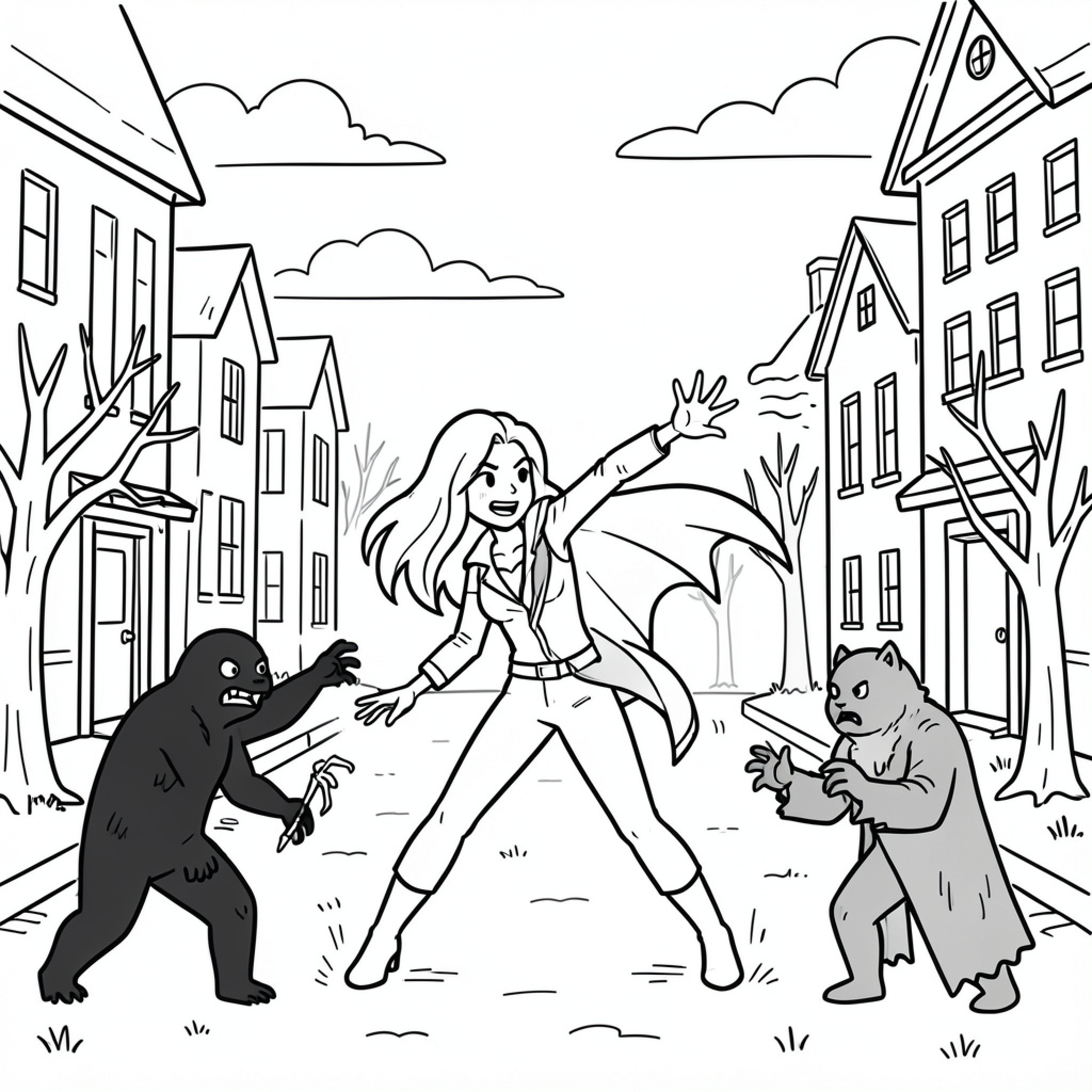 Easy Buffy fighting monsters in a residential street Drawing Idea (free black-and-white line drawing printable PDF for all, from beginners to advanced learners, including children, teens, adults, and seniors)