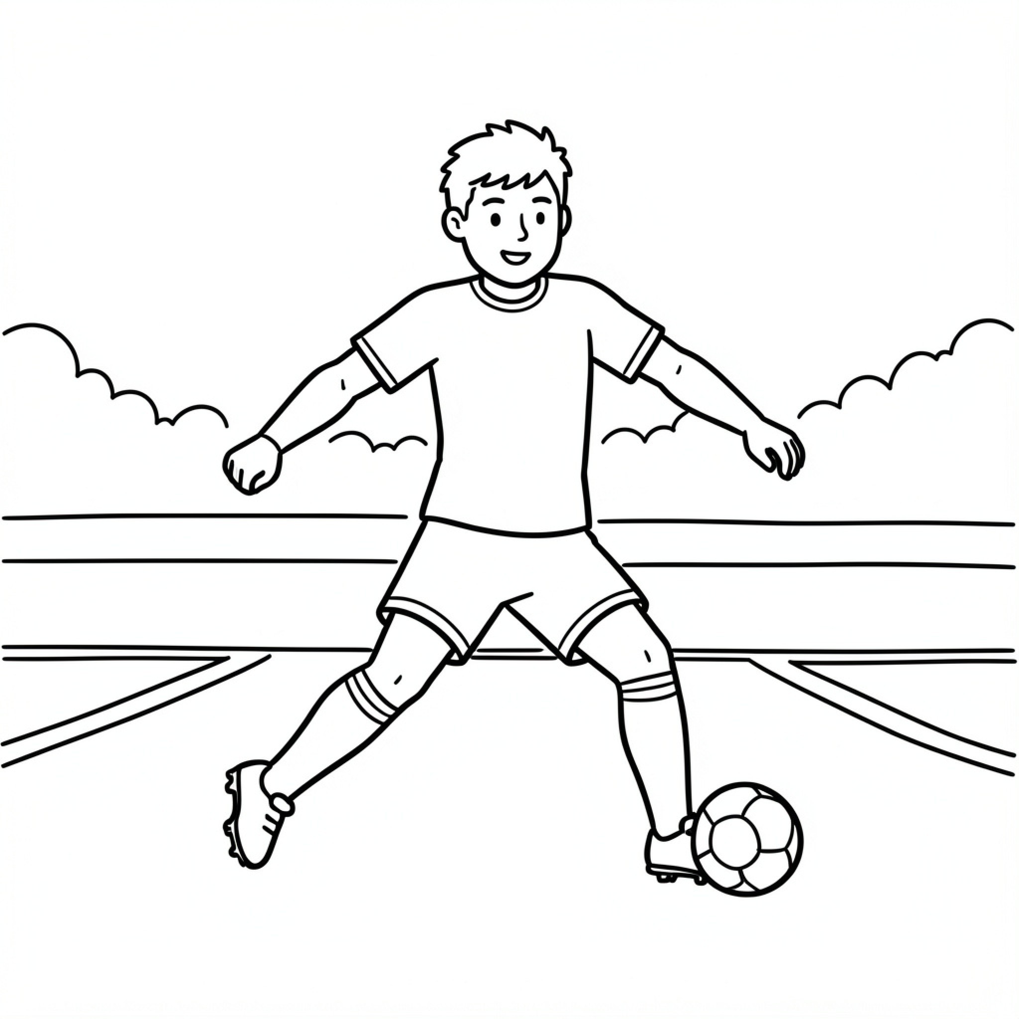 Easy Haaland playing soccer with a happy expression Drawing Idea (free black-and-white line drawing printable PDF for all, from beginners to advanced learners, including children, teens, adults, and seniors)