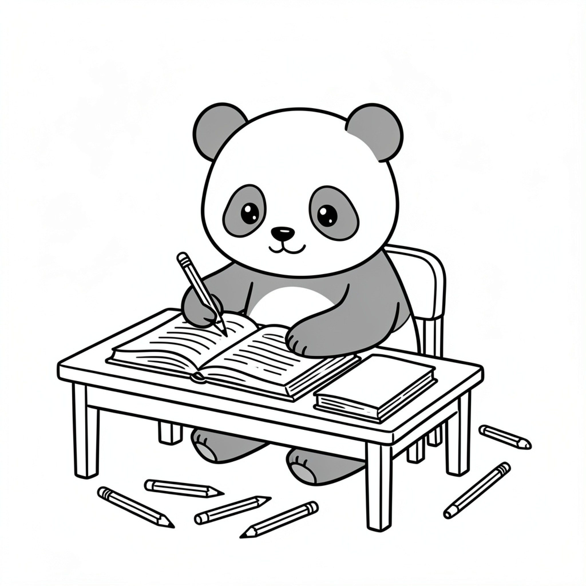 Easy Panda studying and writing in a notebook Drawing Idea (free black-and-white line drawing printable PDF for all, from beginners to advanced learners, including children, teens, adults, and seniors)
