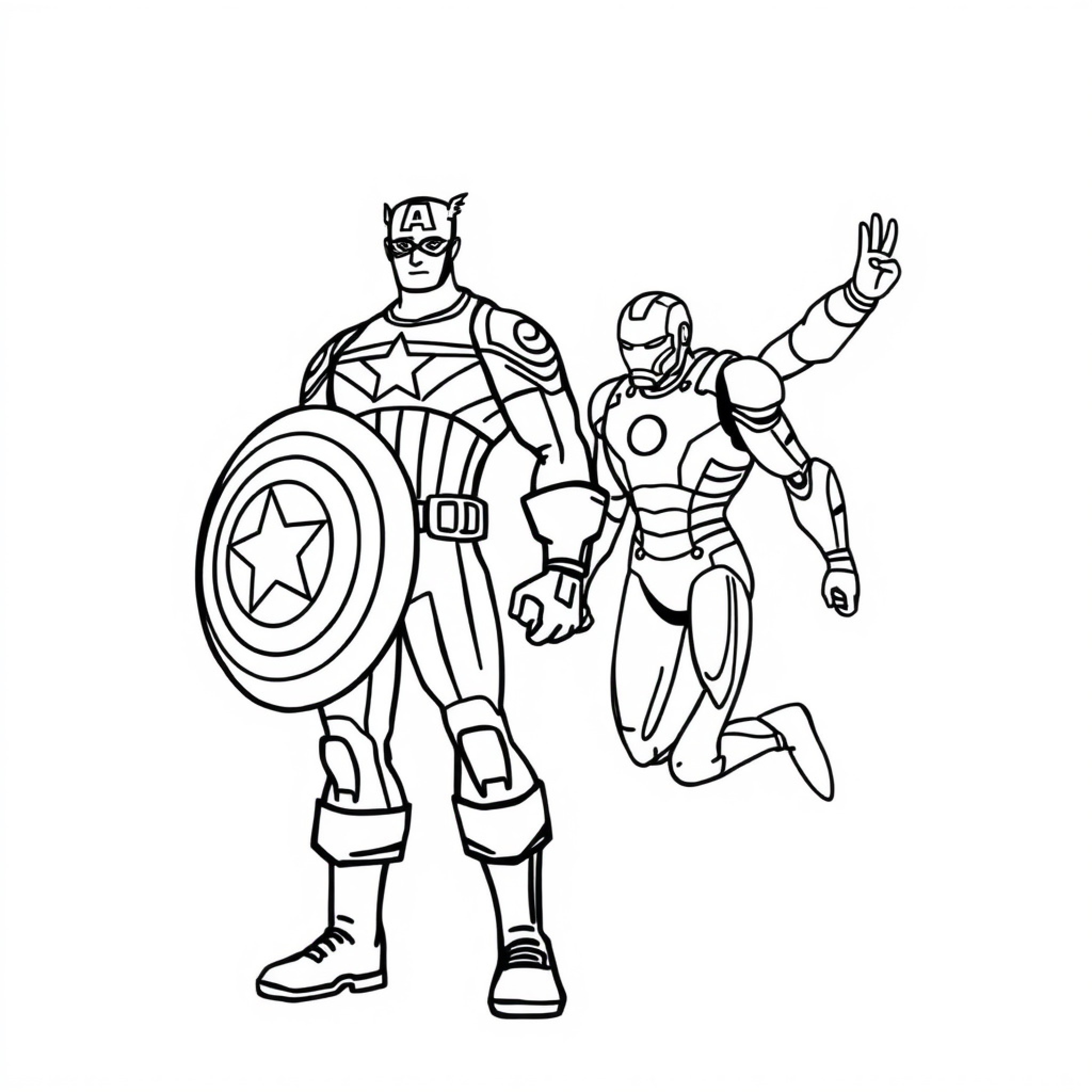Easy Captain America and Iron Man posing together Drawing Idea (free black-and-white line drawing printable PDF for all, from beginners to advanced learners, including children, teens, adults, and seniors)