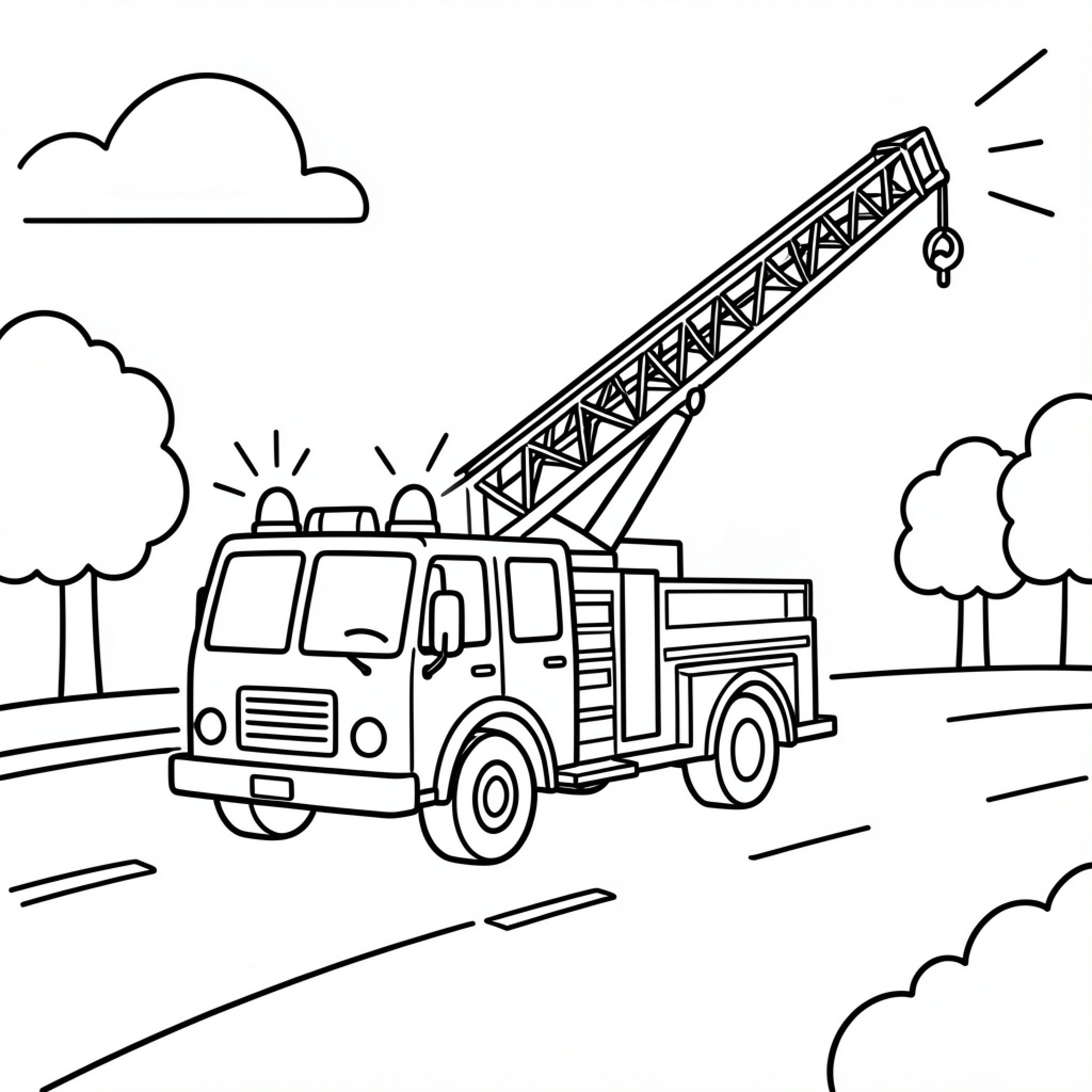 Easy Fire Truck driving down a road with trees Drawing Idea (free black-and-white line drawing printable PDF for all, from beginners to advanced learners, including children, teens, adults, and seniors)