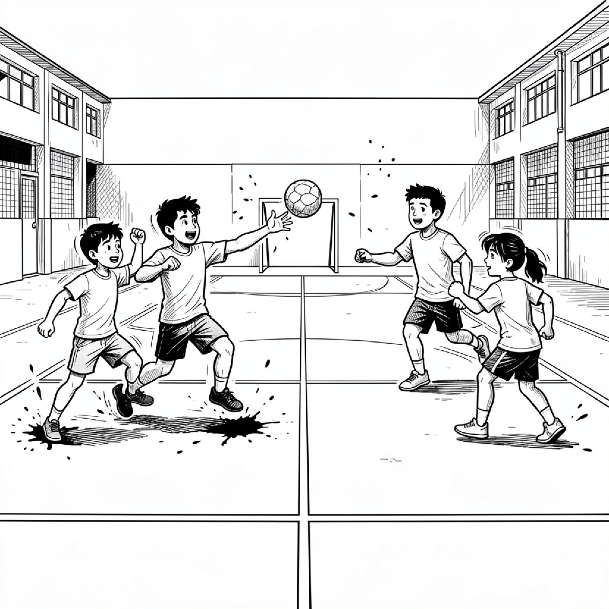 Easy Queimada with children playing an active game Drawing Idea (free black-and-white line drawing printable PDF for all, from beginners to advanced learners, including children, teens, adults, and seniors)