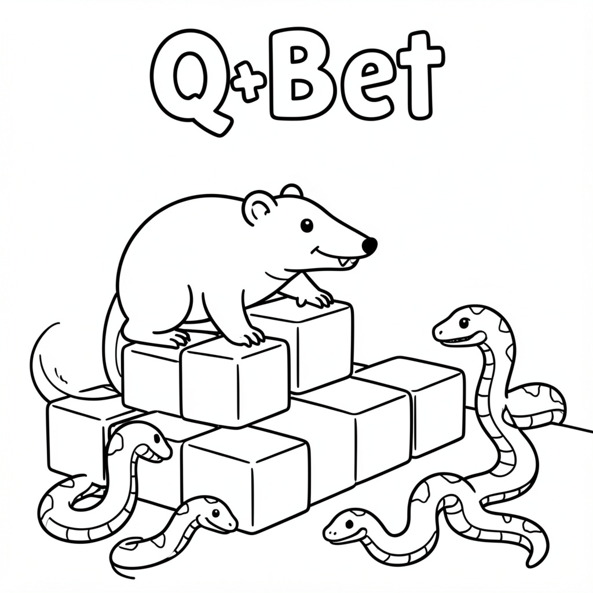 Easy Q*Bert featuring a rodent climbing over blocks and snakes Drawing Idea (free black-and-white line drawing printable PDF for all, from beginners to advanced learners, including children, teens, adults, and seniors)