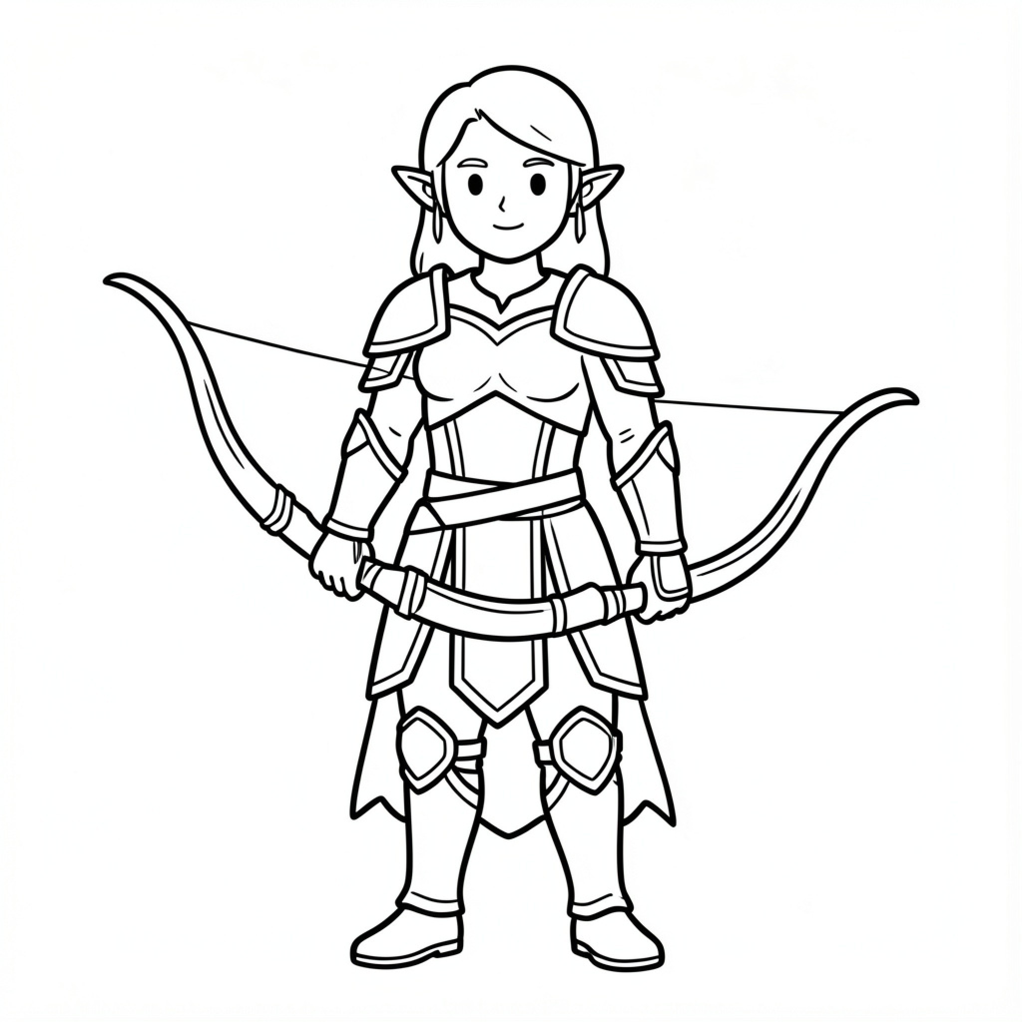 Easy Warrior Elf standing with a large bow Drawing Idea (free black-and-white line drawing printable PDF for all, from beginners to advanced learners, including children, teens, adults, and seniors)