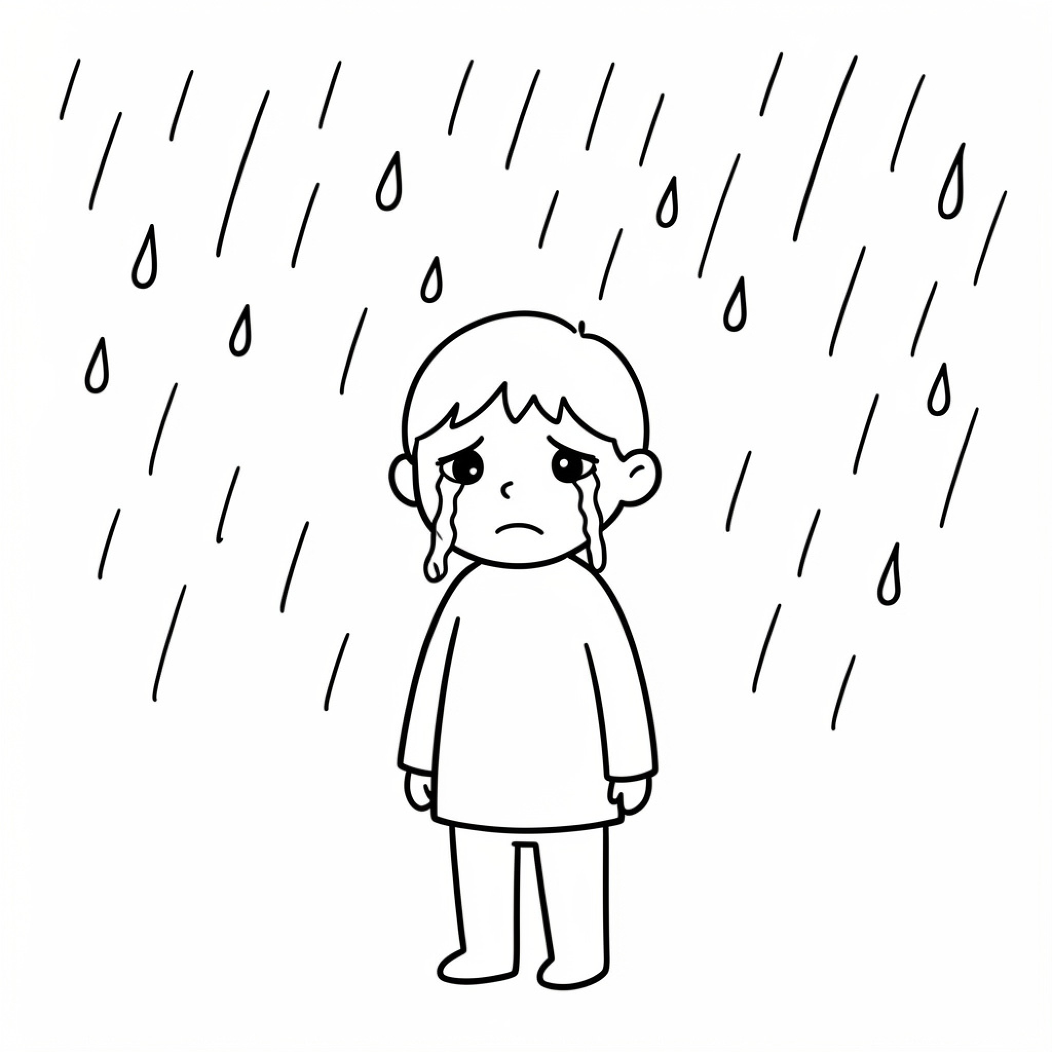 Easy Person crying while standing in the rain Drawing Idea (free black-and-white line drawing printable PDF for all, from beginners to advanced learners, including children, teens, adults, and seniors)