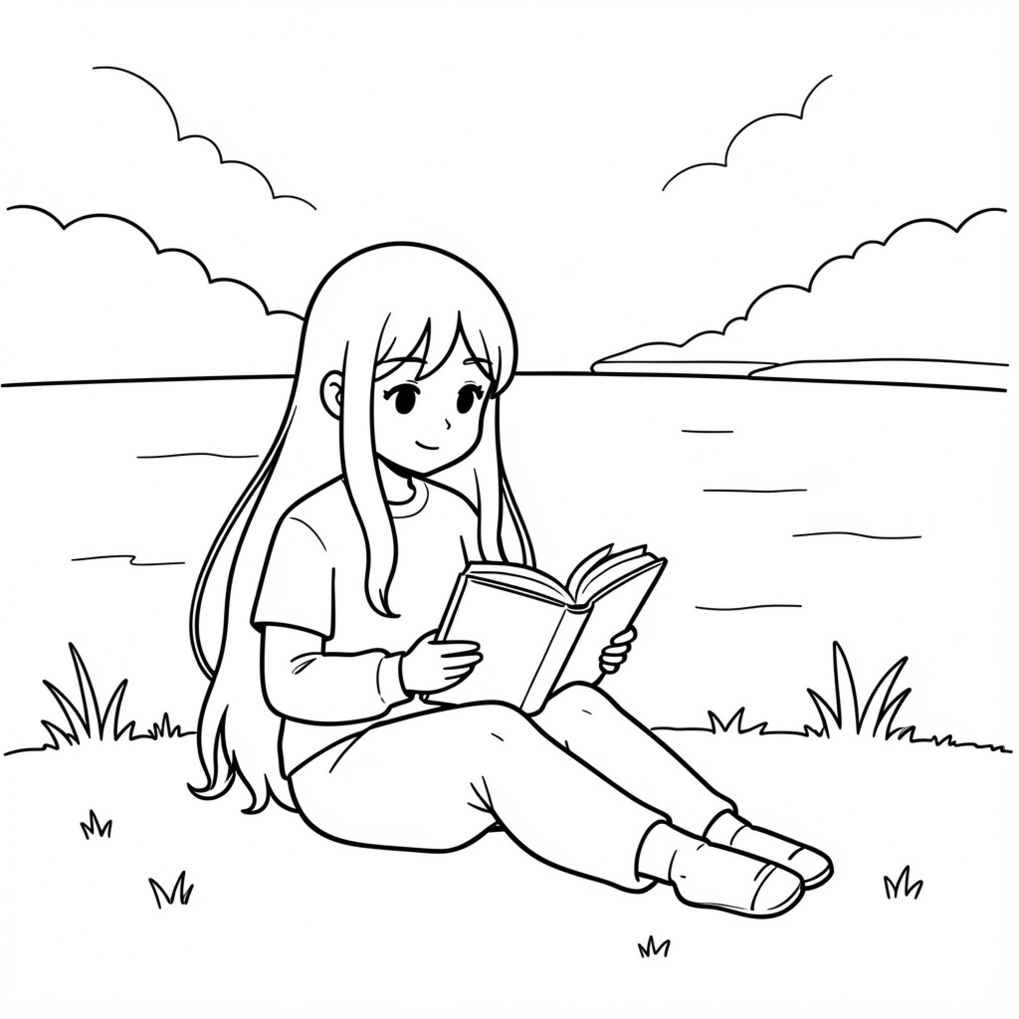 Easy Anime Girl reading a book outdoors Drawing Idea (free black-and-white line drawing printable PDF for all, from beginners to advanced learners, including children, teens, adults, and seniors)