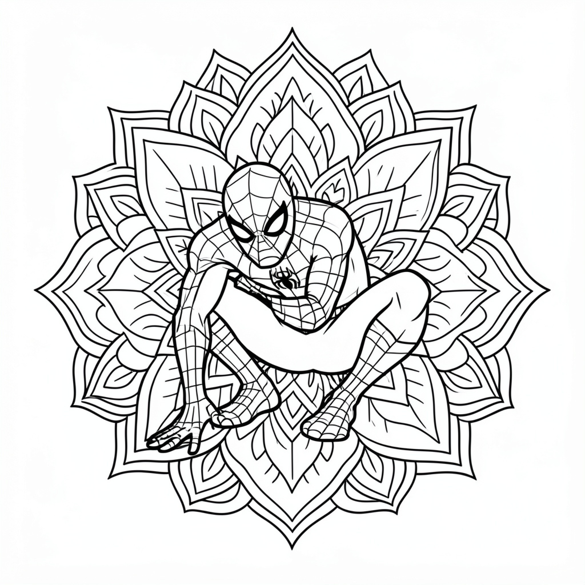Easy Spiderman posing in a crouched position Drawing Idea (free black-and-white line drawing printable PDF for all, from beginners to advanced learners, including children, teens, adults, and seniors)