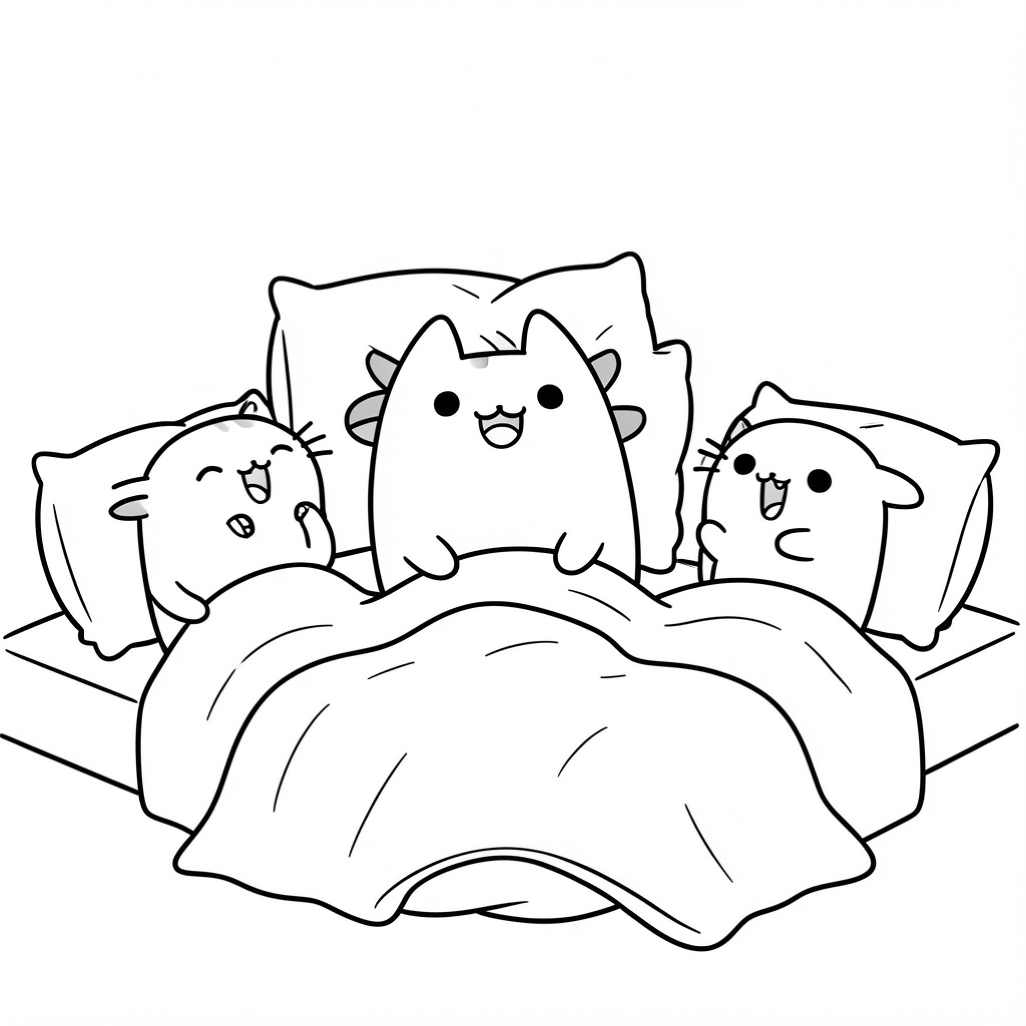 Easy Pusheen axolotls sleeping happily in a bed Drawing Idea (free black-and-white line drawing printable PDF for all, from beginners to advanced learners, including children, teens, adults, and seniors)